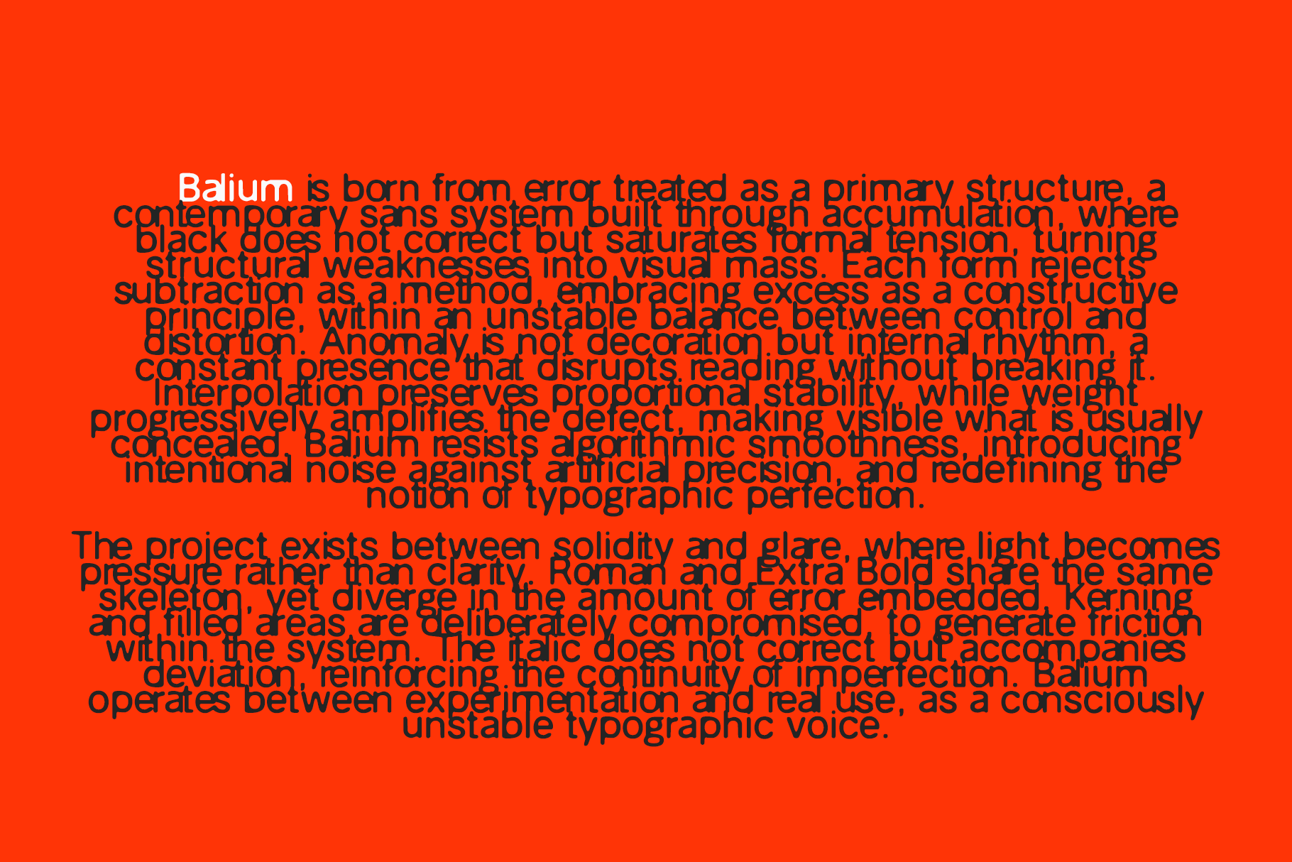 Long-form text describing Balium font concept on vibrant orange background