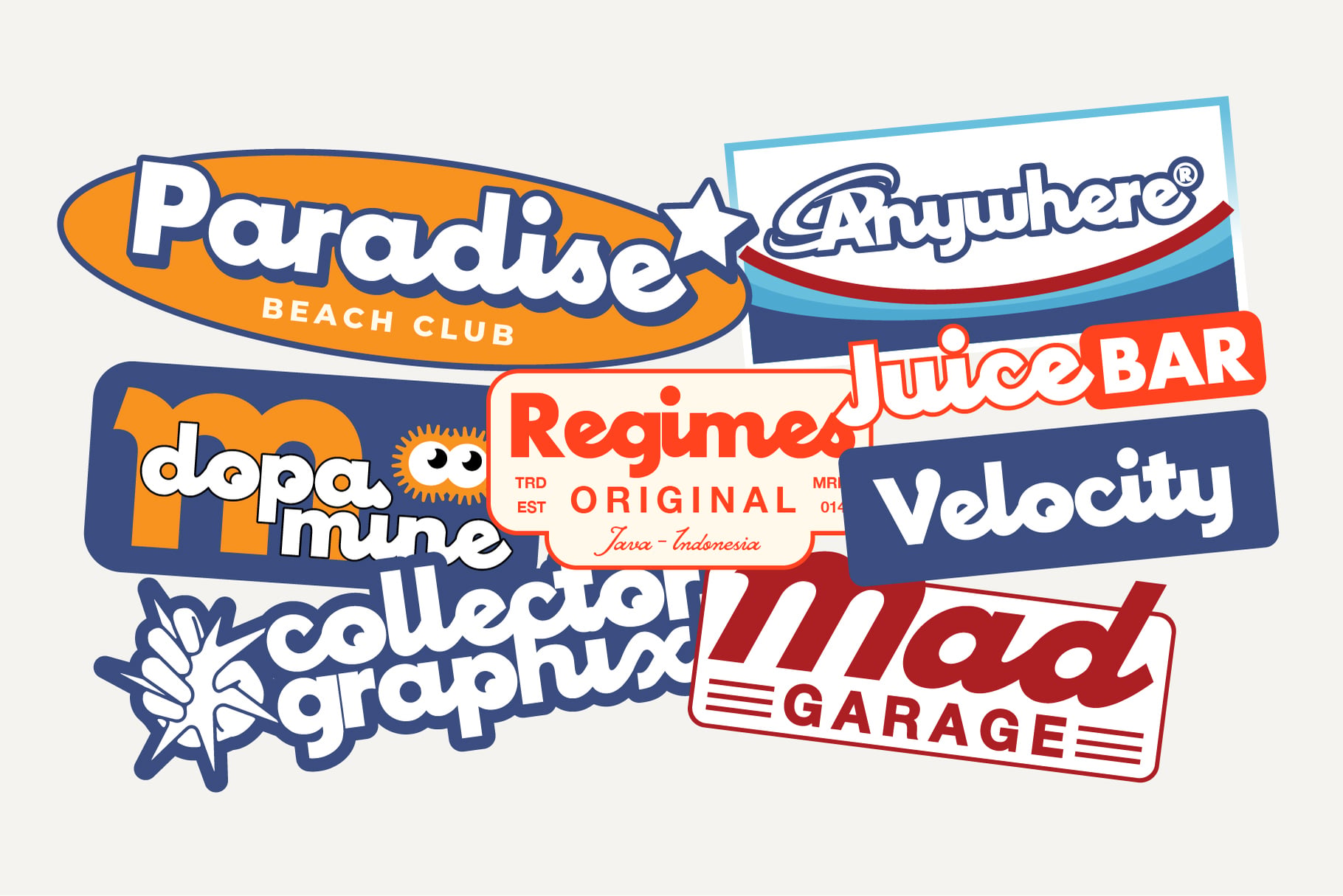 Retro badge collection with Paradise Beach Club, Anywhere, Dopamine, Regimen Juice Bar, Velocity, Lliad Garage logos
