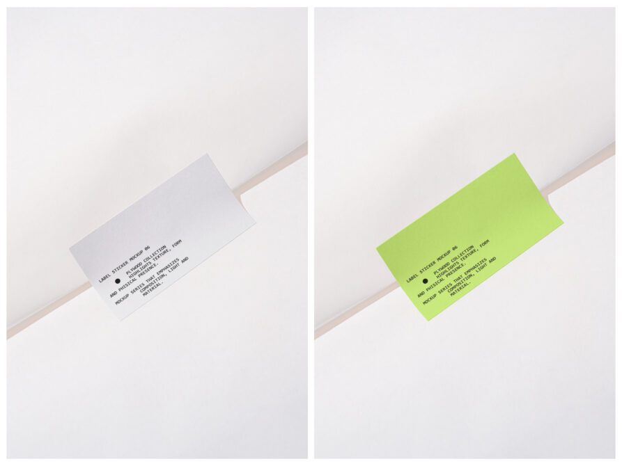 Split view of white label sticker on left, bright lime label on right against white background