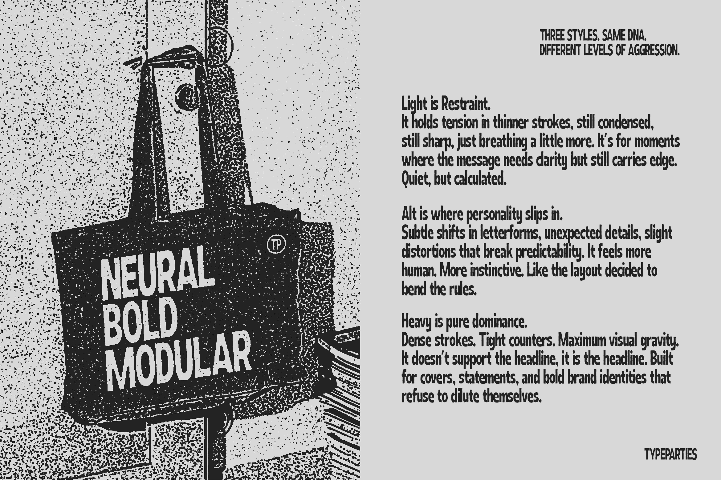 Tote bag mockup with Neural Bold Modular text plus detailed font description about three weight variations