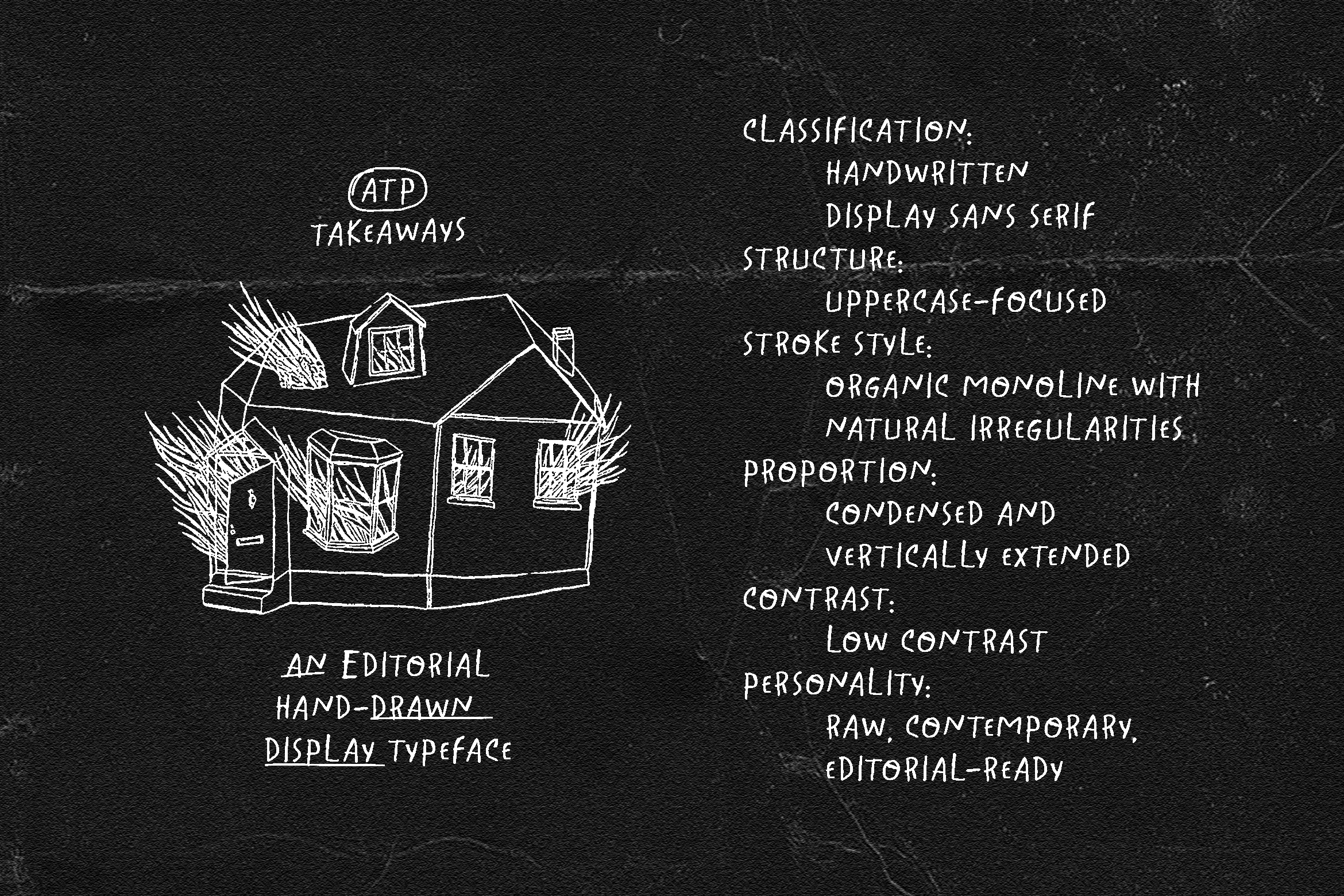 Hand-drawn editorial display typeface with organic monoline strokes on textured background