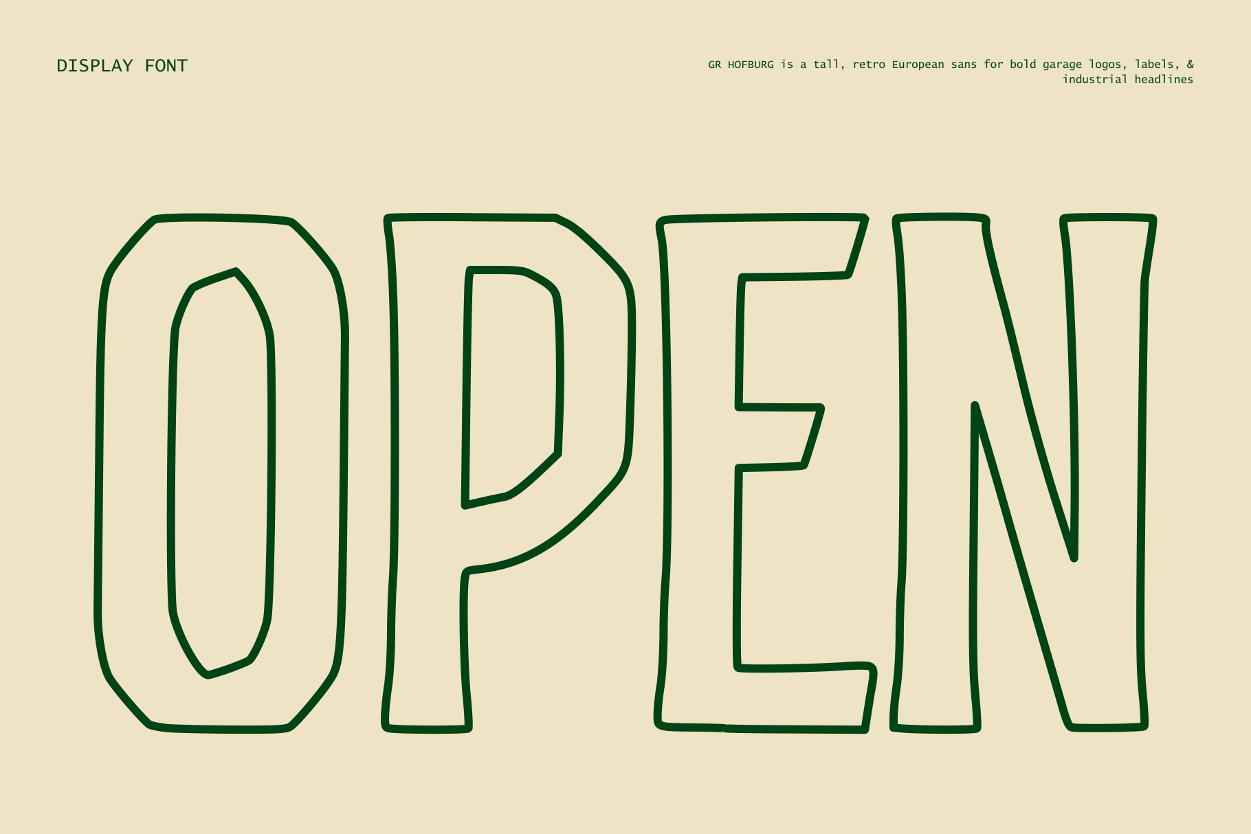 GR Sang outline typeface sample showing tall retro sans letters