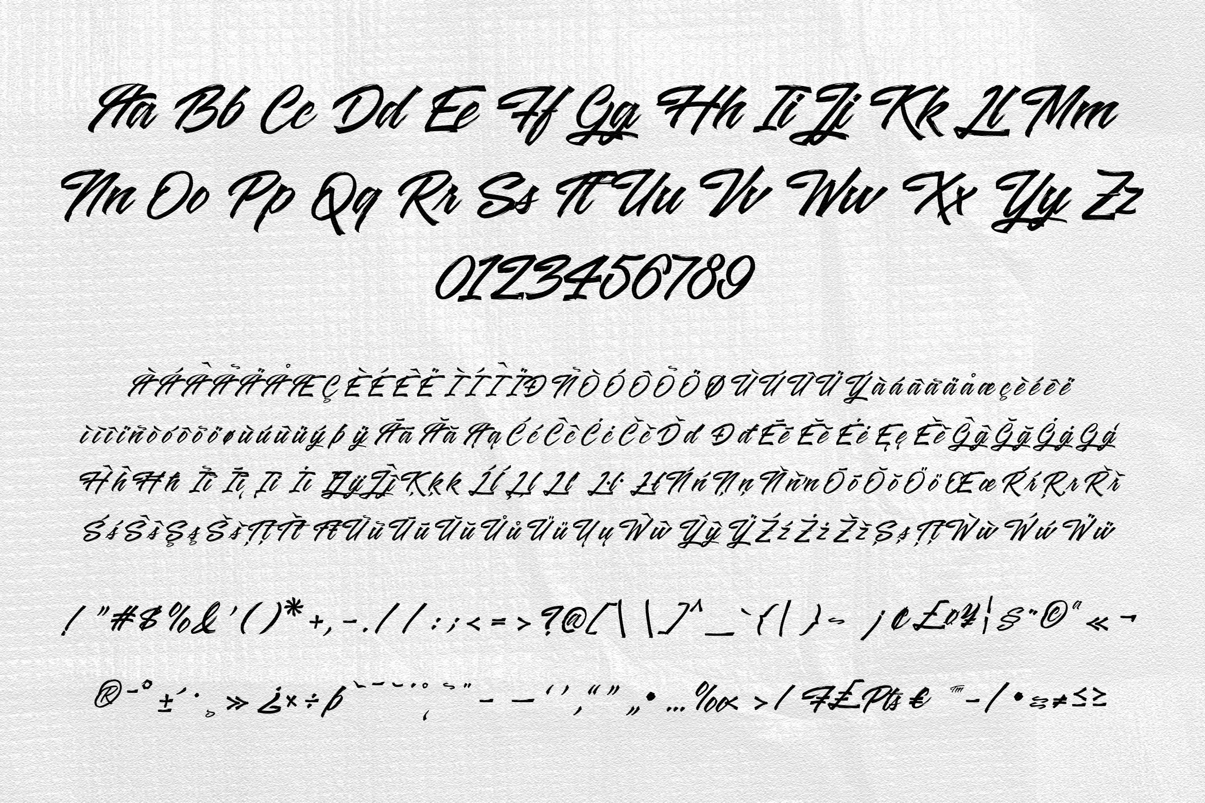 Misero typeface complete character set with letters numbers accents