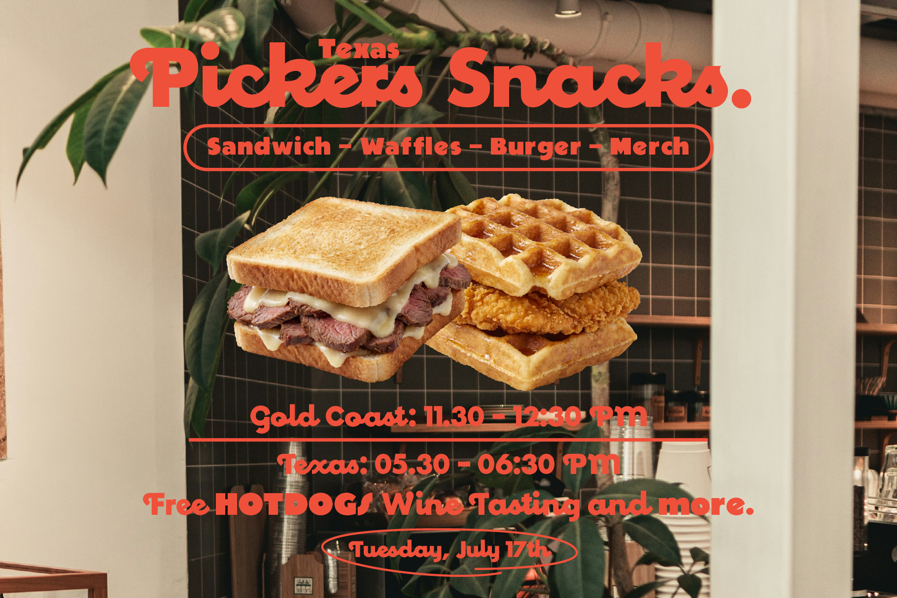 Texas Pickero Snacks poster with sandwich, waffle food imagery red text overlay