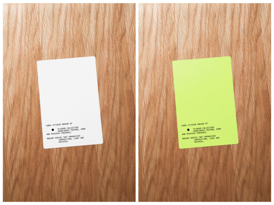 Split view of white label left, bright lime label right on wooden table surface