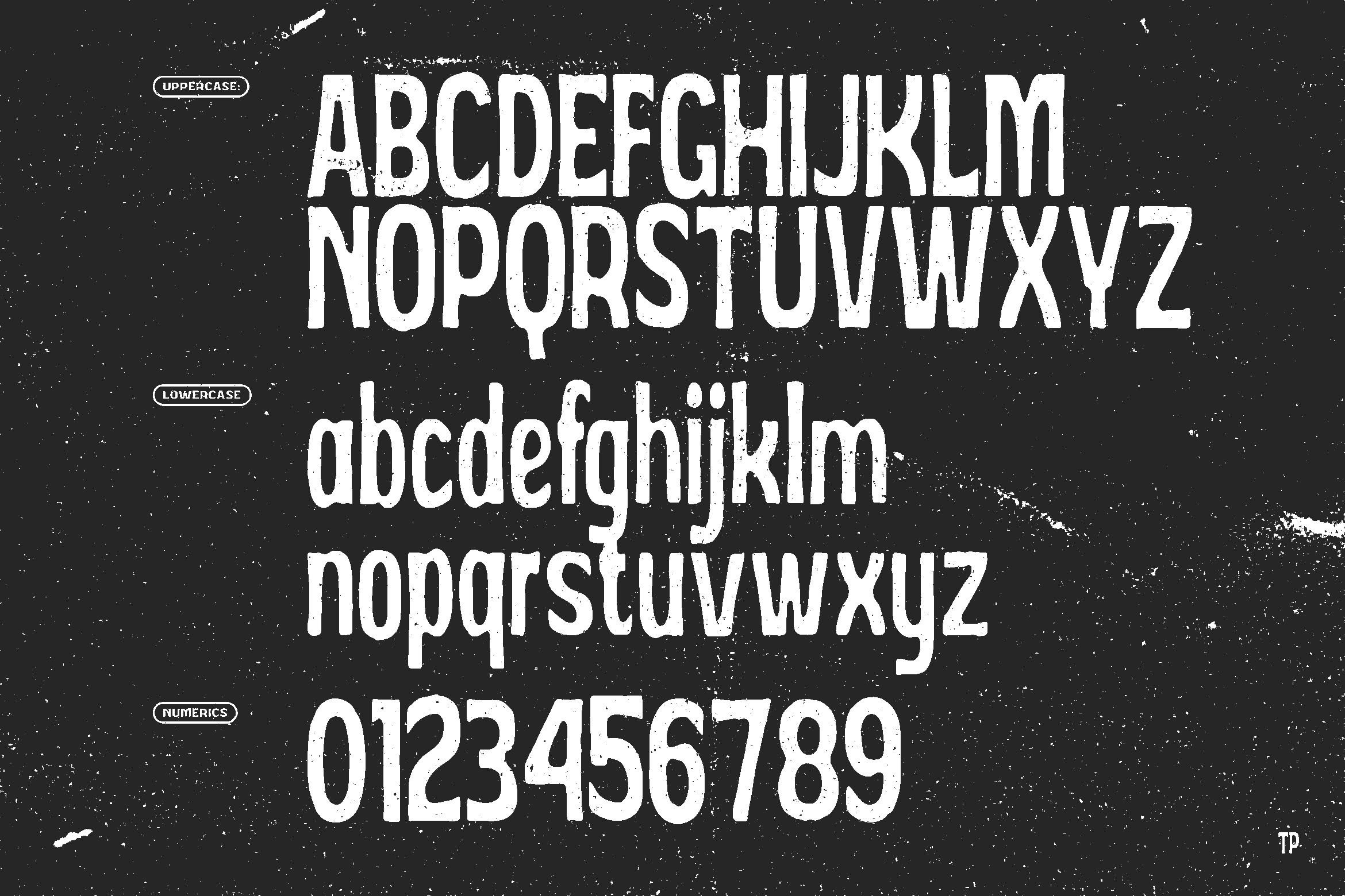 Font specimen showing uppercase, lowercase, numerics in distressed typeface on dark grunge background