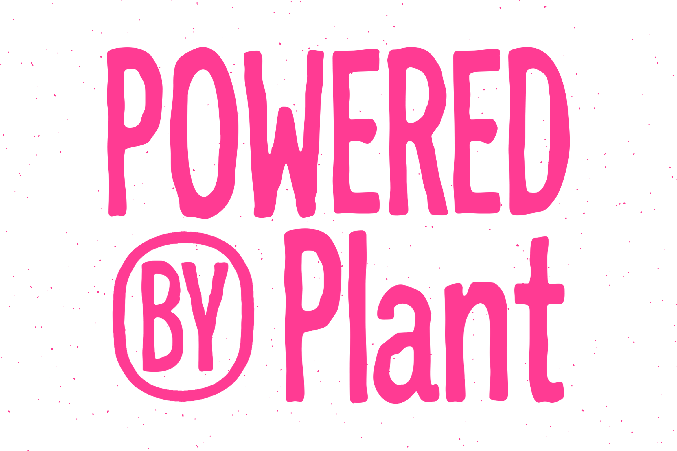 Thick pink sans serif letters spelling powered by plat with circled by