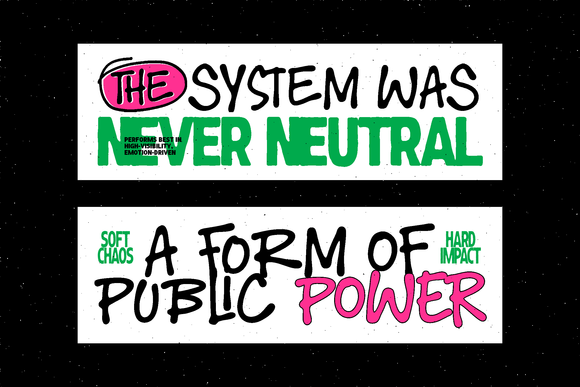 Bold display text with green, black, pink colors on white panels