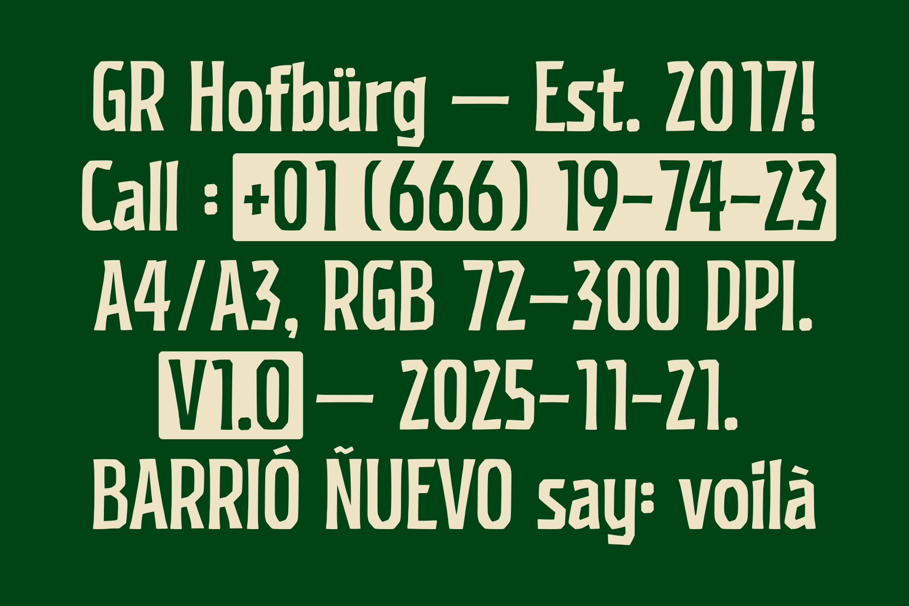 GR Hofburg business card with contact details on dark green background