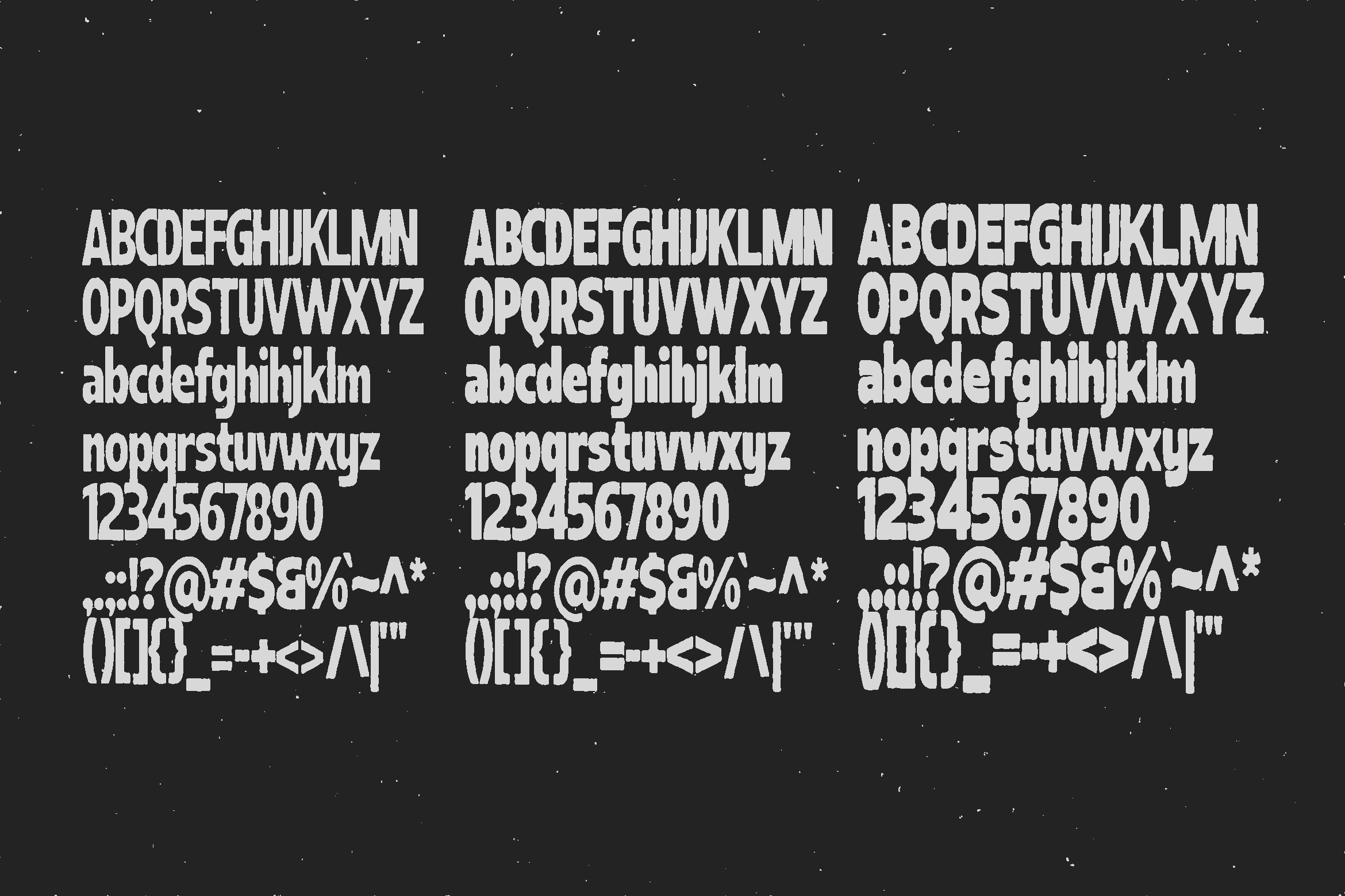 Three columns showing complete character set with uppercase, lowercase, numbers, symbols on dark speckled backdrop