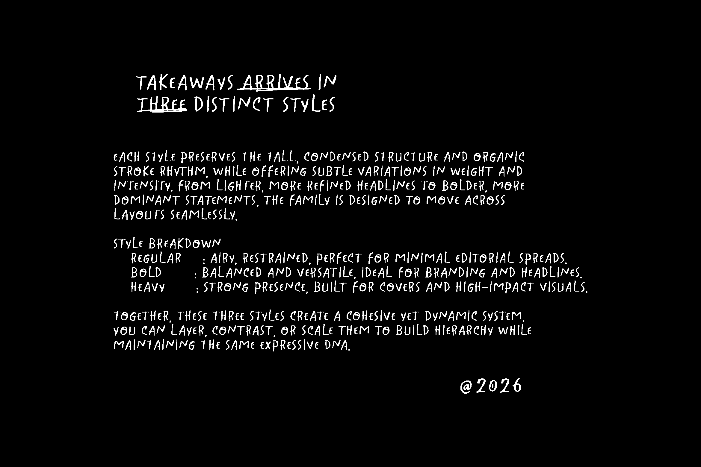Takeaways font family showing three weight variations with style breakdown details