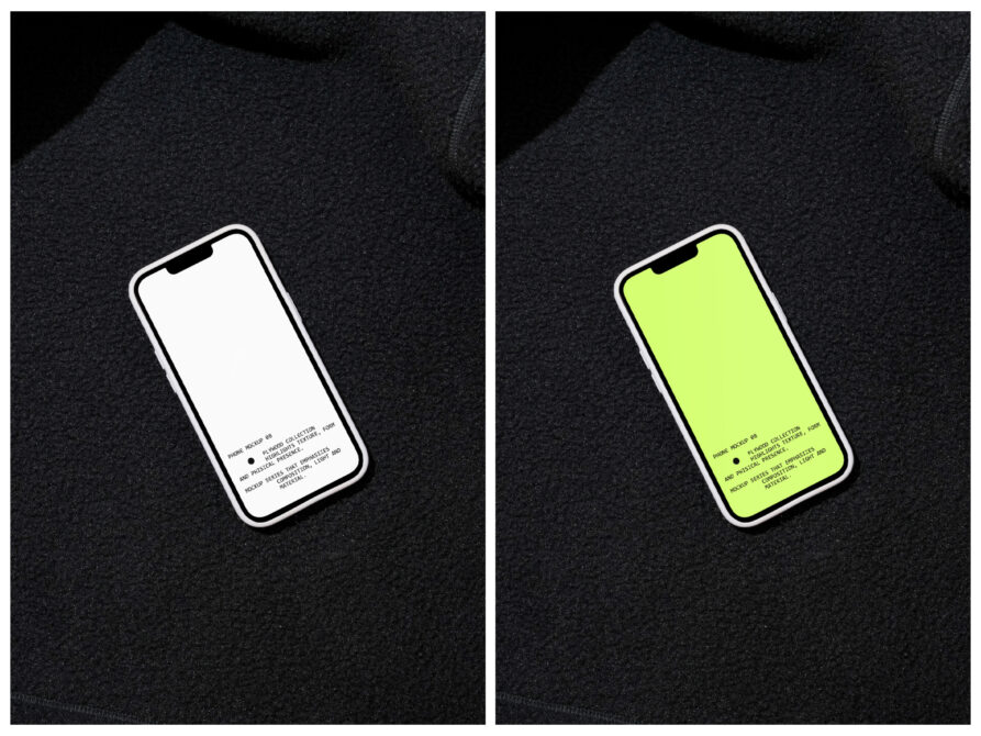 Two iPhone mockups side by side on dark fabric, one with blank white screen, one with neon yellow screen