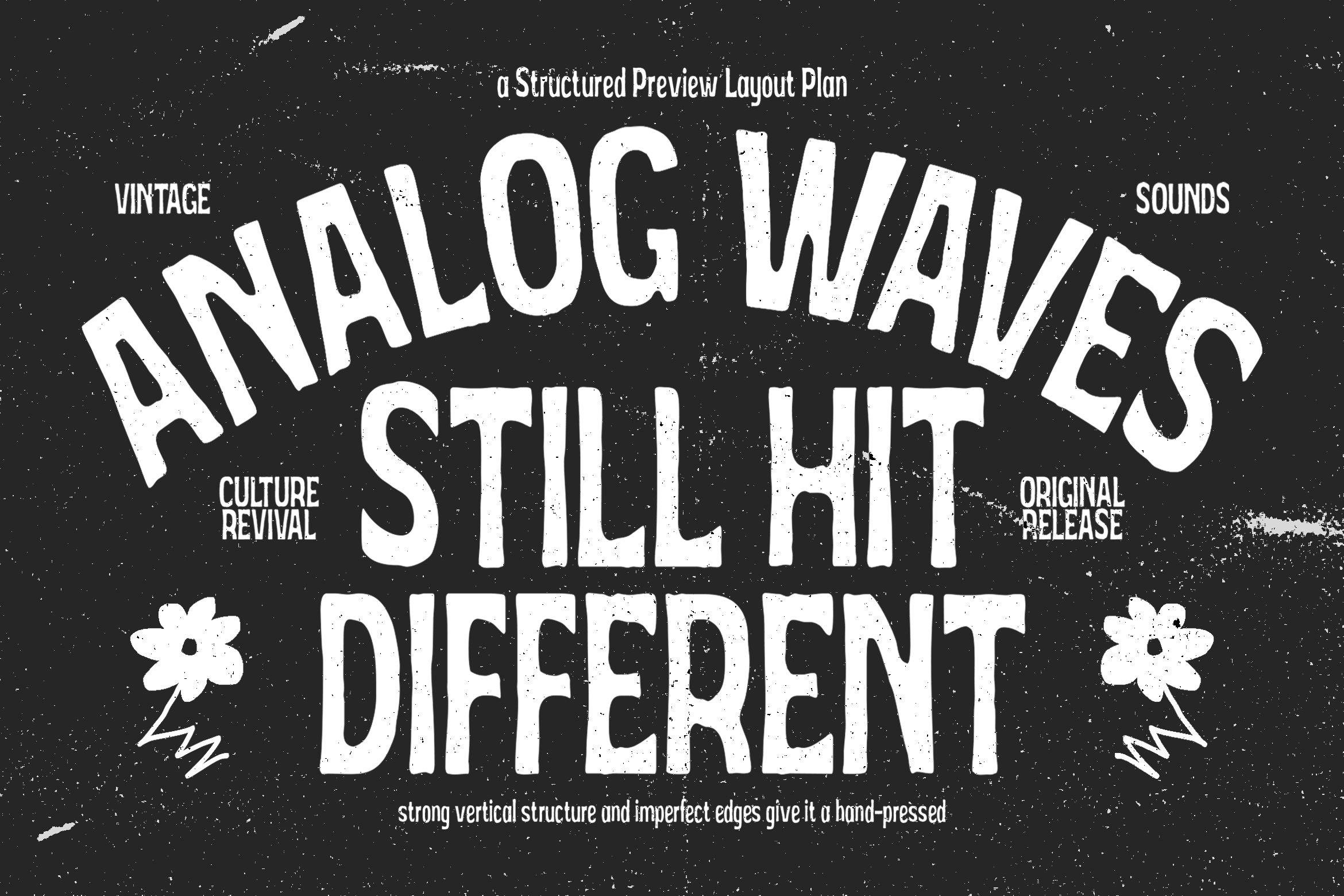 Analog Waives Still Hit Different font poster with distressed texture, starry backdrop, layout tags
