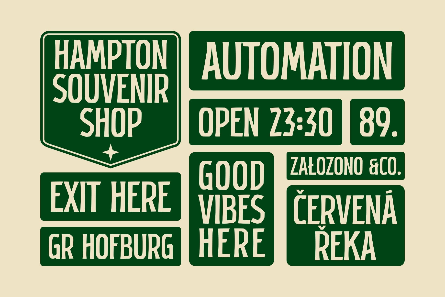 Vintage sign mockups with souvenir shop, automation, brewery labels layout