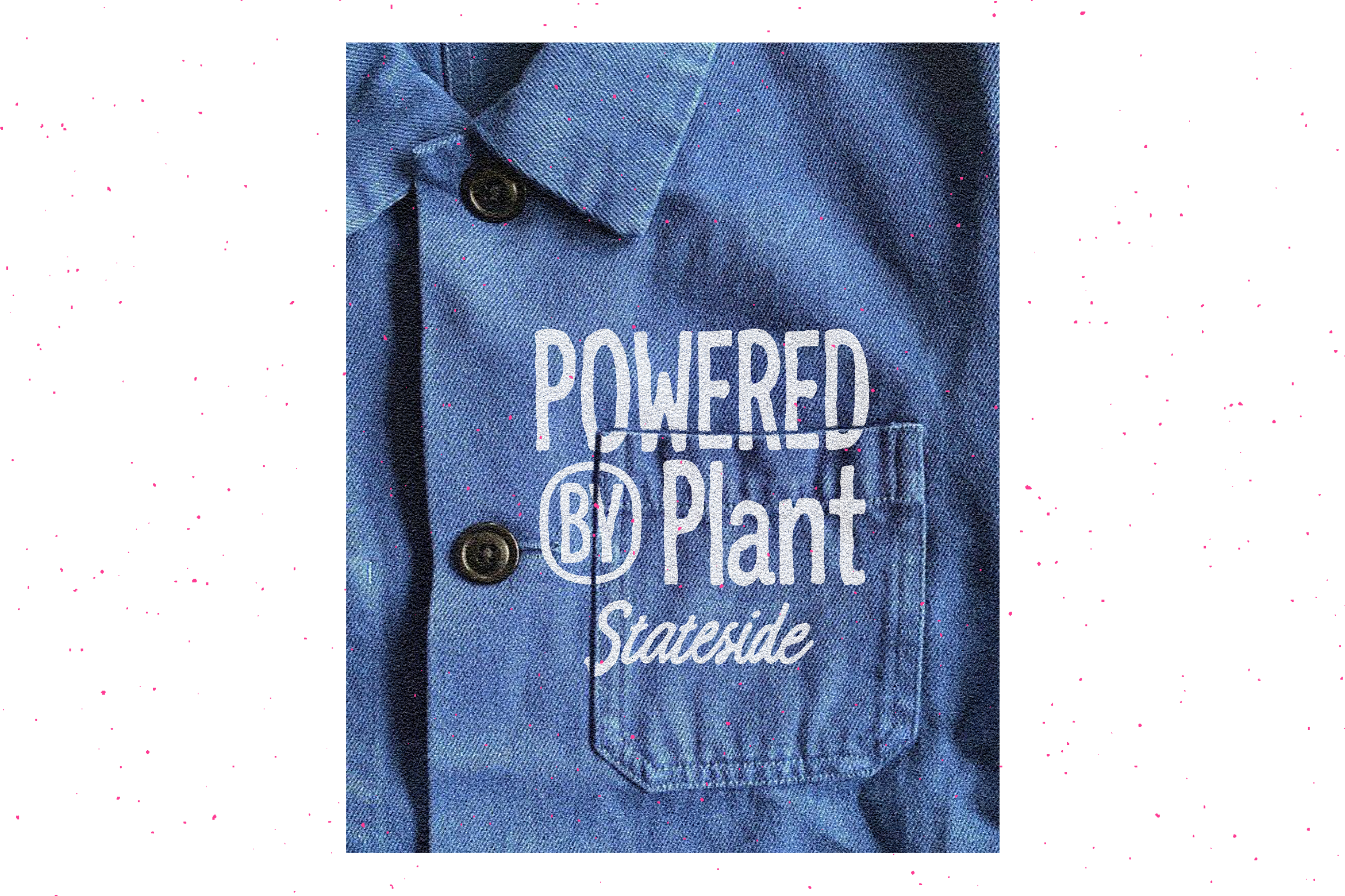 Blue denim shirt with Powered by Plant Stateside text on pocket ideal for apparel design templates, typography graphics, fashion mockups.