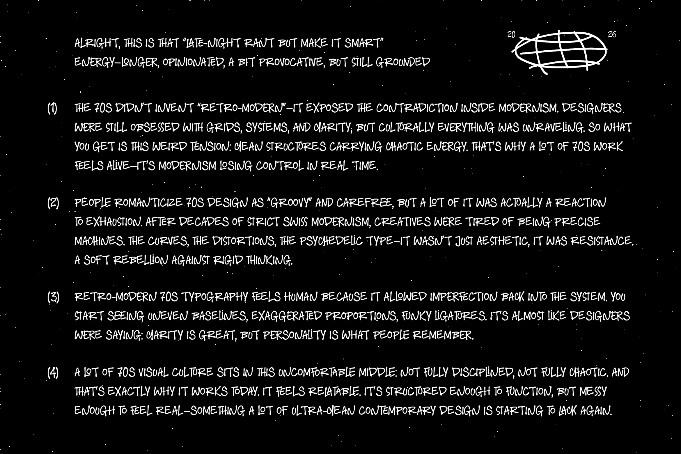 Long-form handwritten text about 70s design on dark starry background