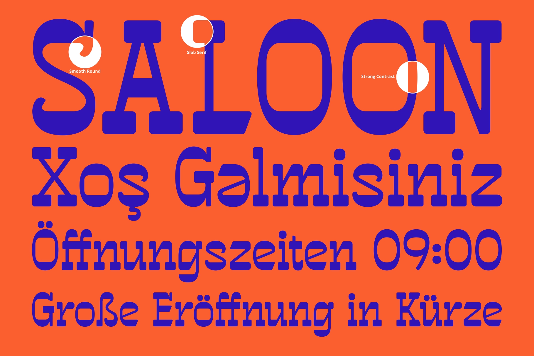 Blue sans serif typeface specimen on orange background showing typography features, German text