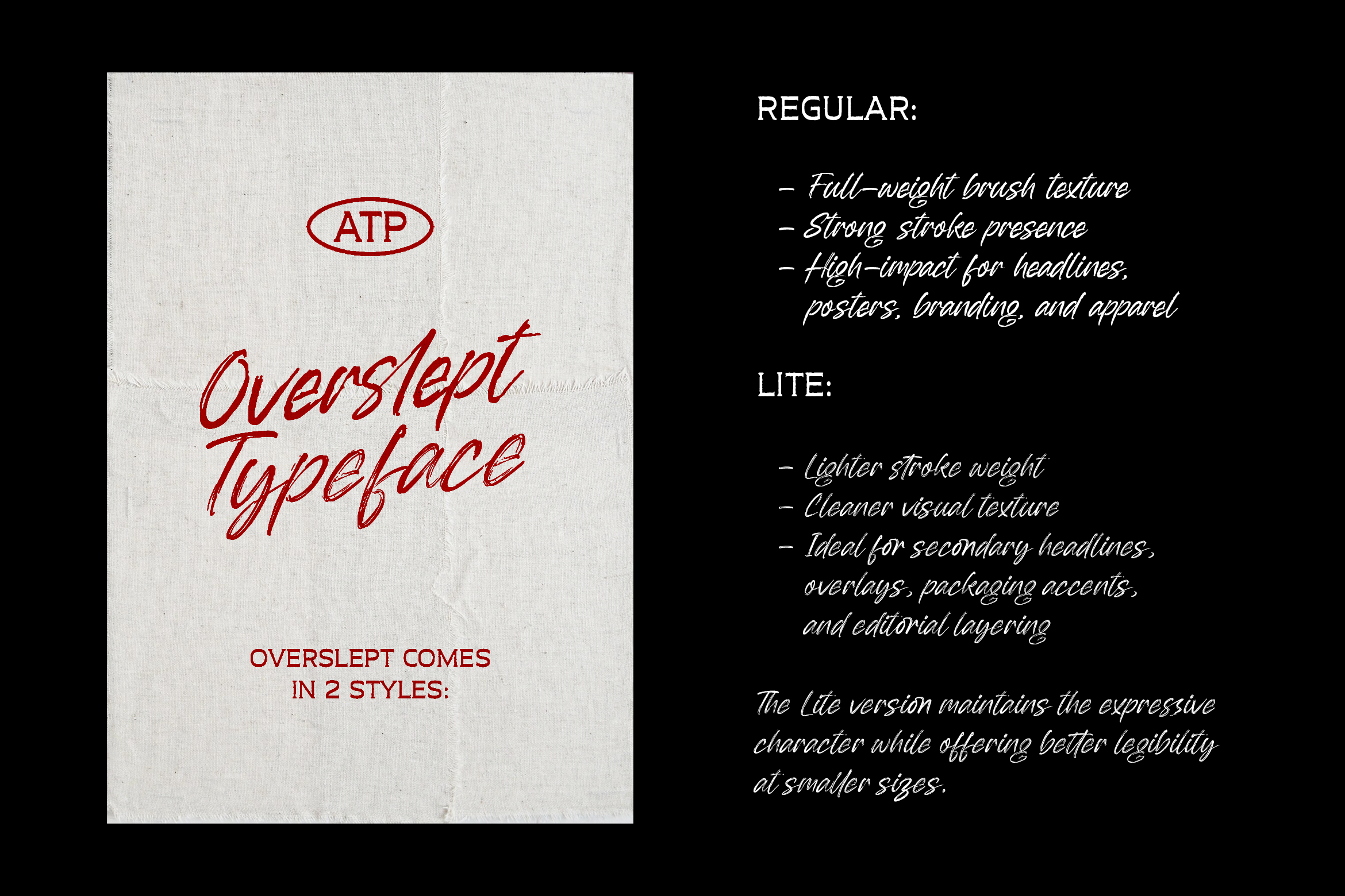 OverSlept Typeface specs showing regular brush texture in red on cream paper