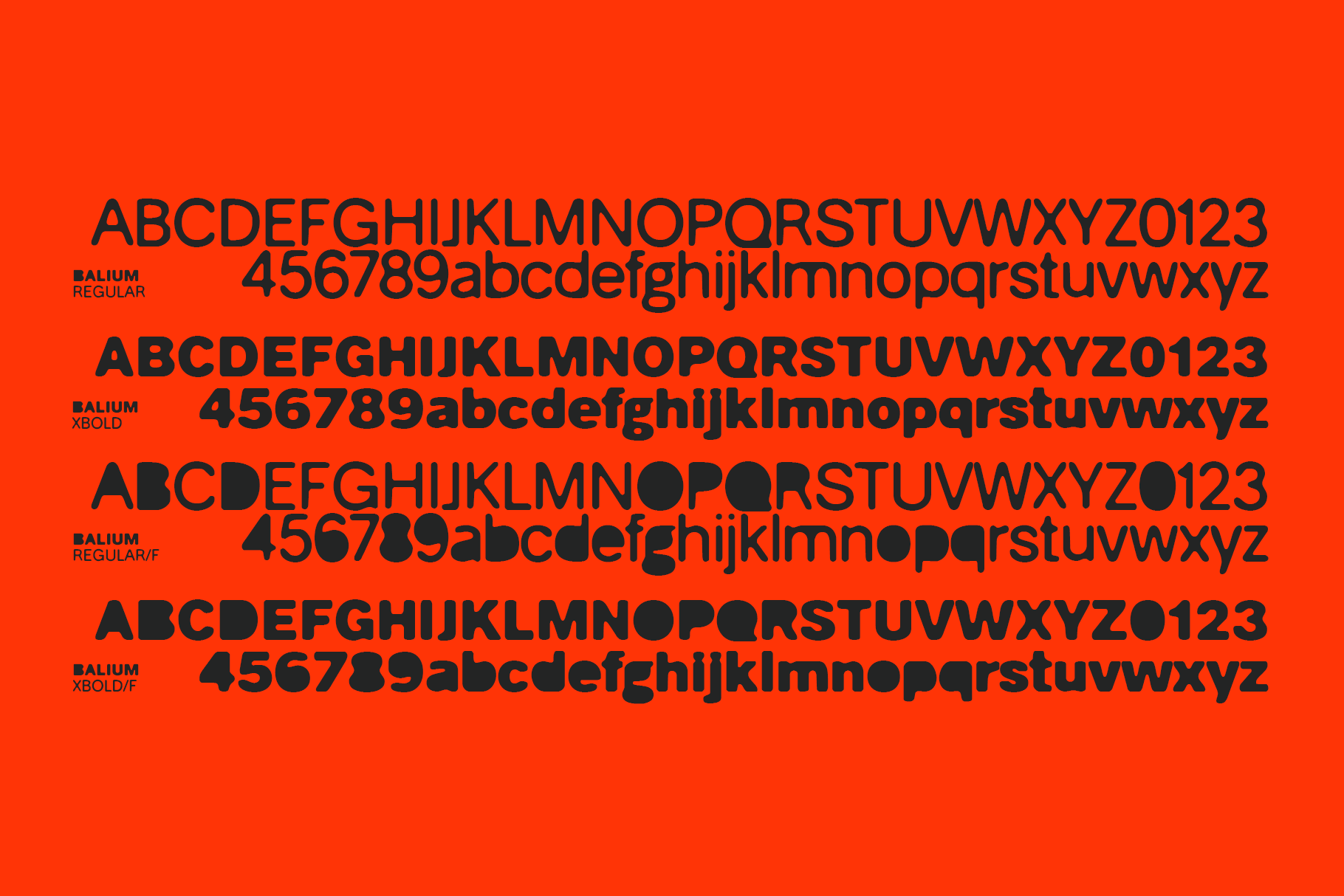 Balium typeface weights displayed in Regular, XBold, Regular/F, XBold/F styles