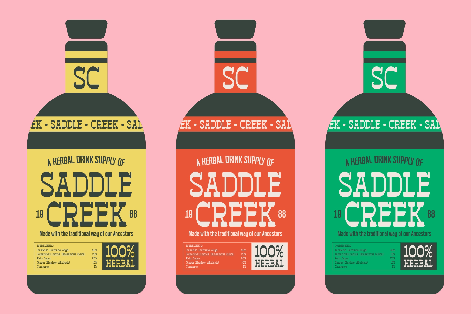 Three herbal drink bottle mockups in yellow, red, orange on pink background with labels