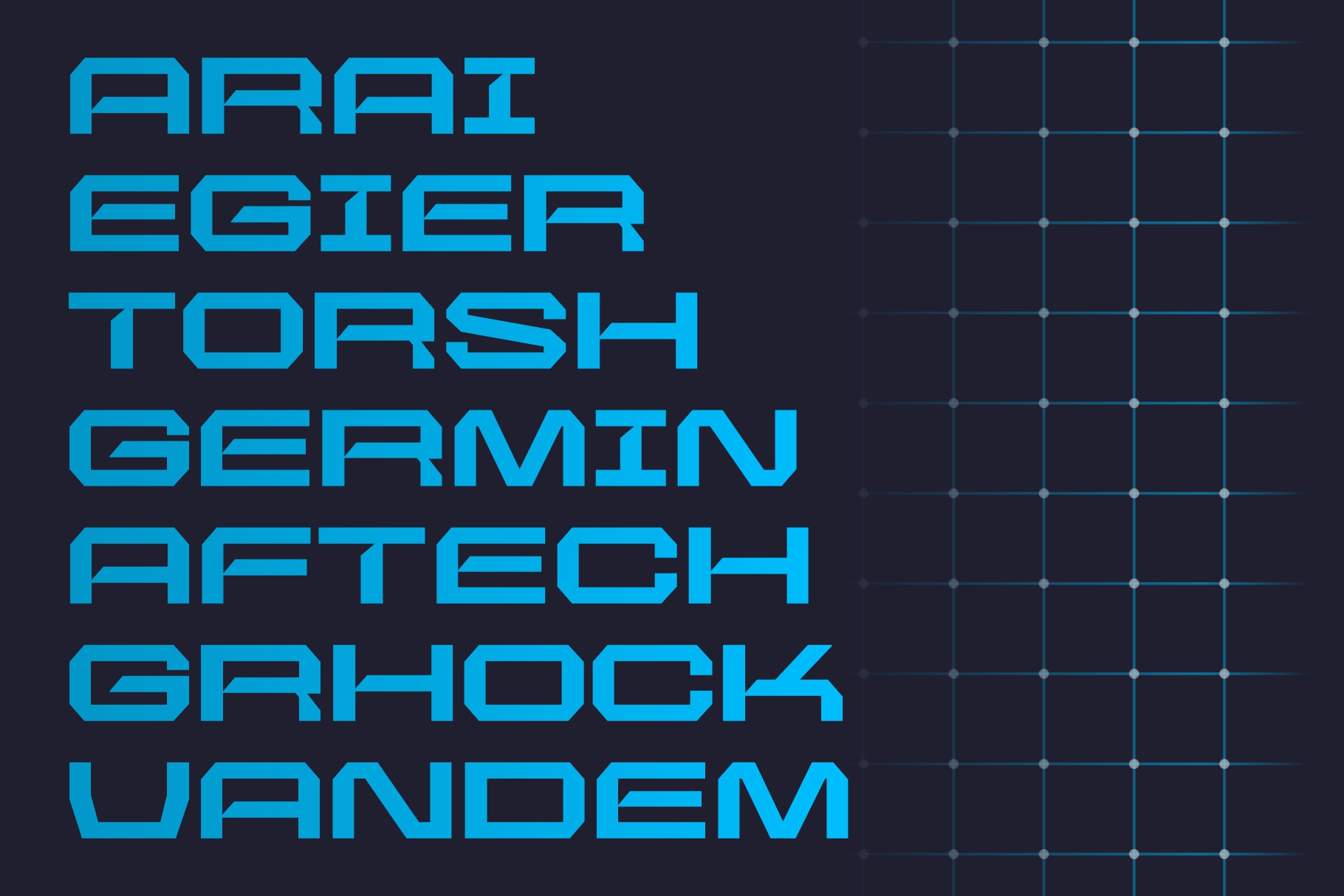 Bright cyan tech font with grid overlay on dark background display