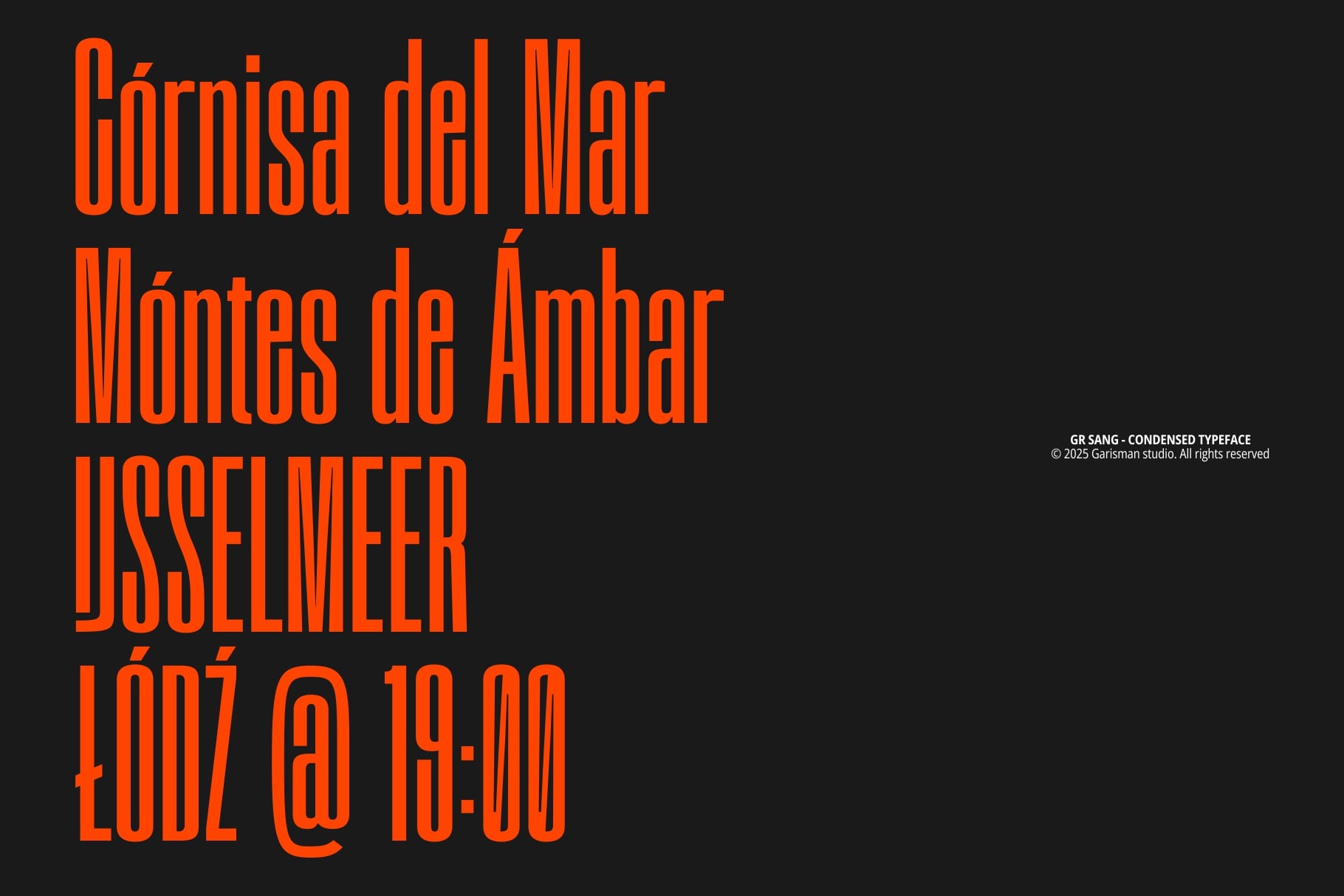 Spanish text in orange condensed typeface on dark background