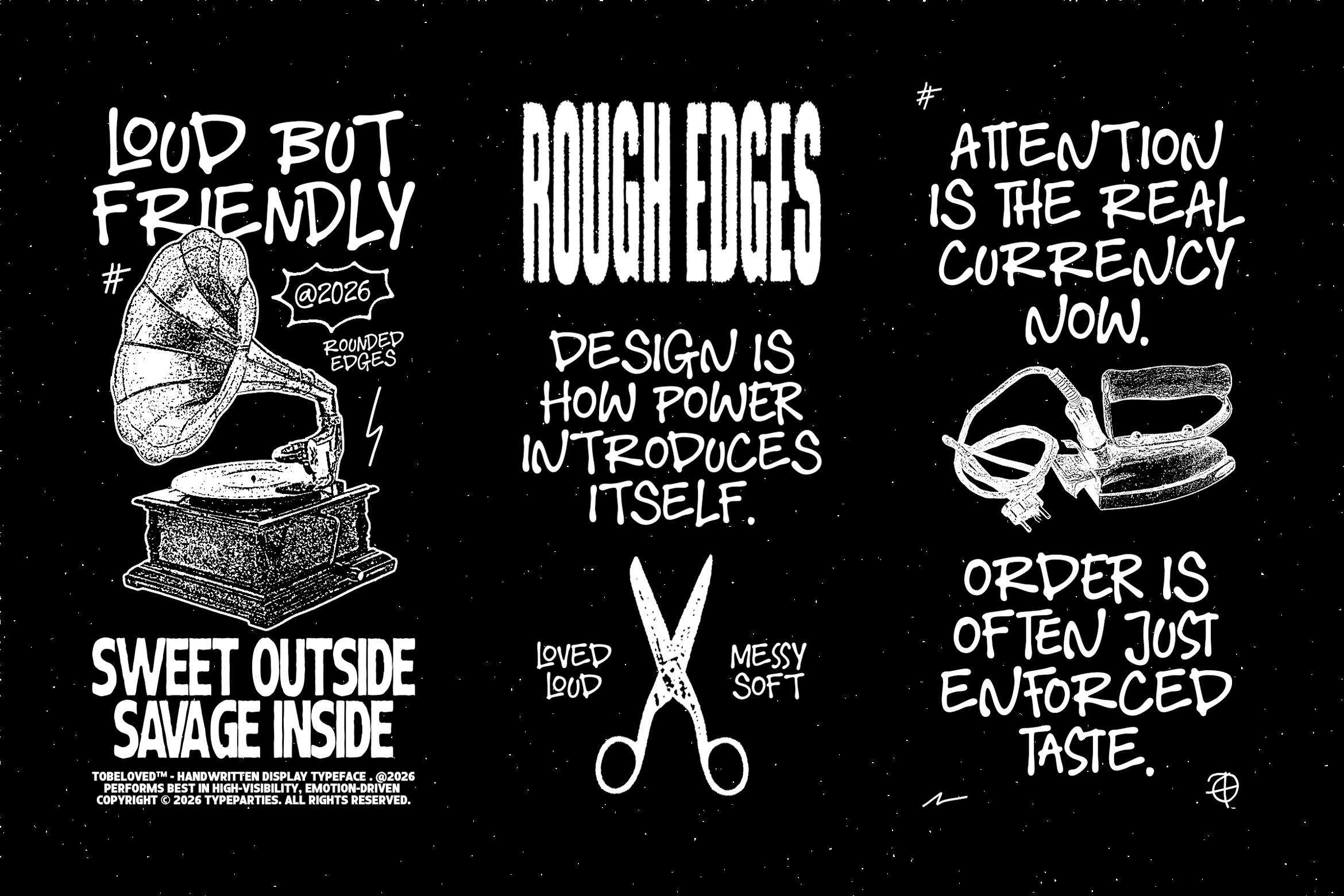 Handwritten quotes with gramophone, scissors, brush pen illustrations