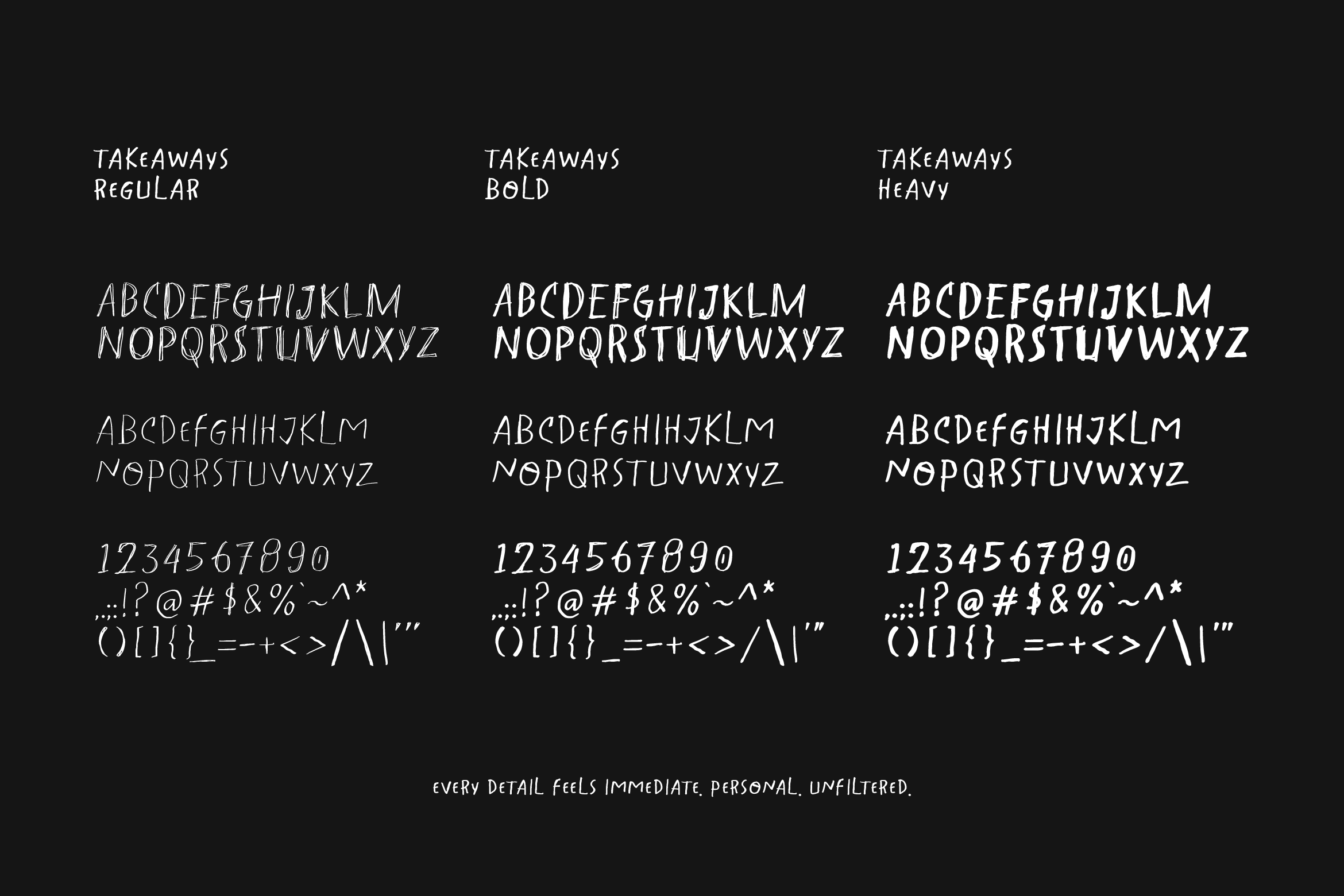 Takeaways font family showing regular bold heavy weights with uppercase, lowercase, numbers