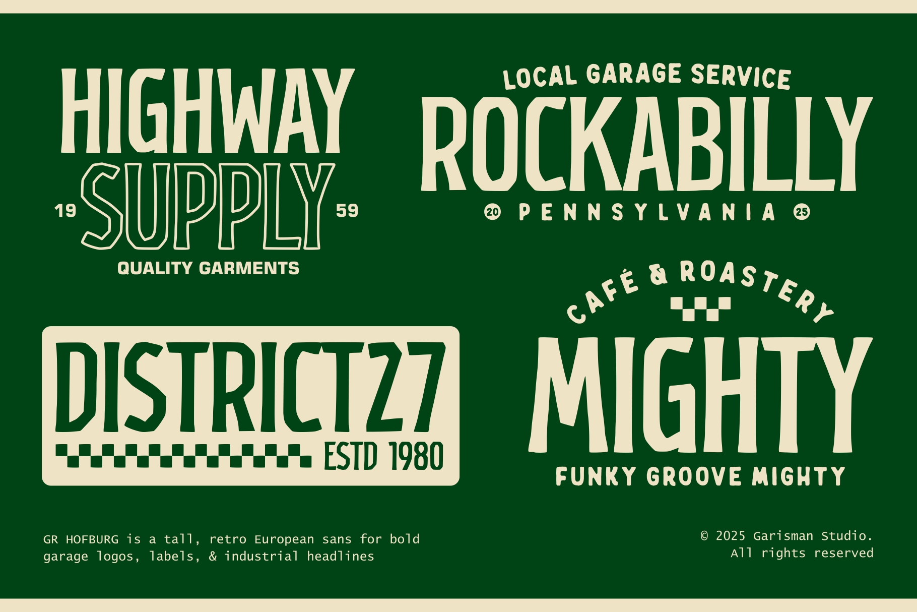 GR Hofburg typeface applied to vintage garage, supply, rockabilly logos