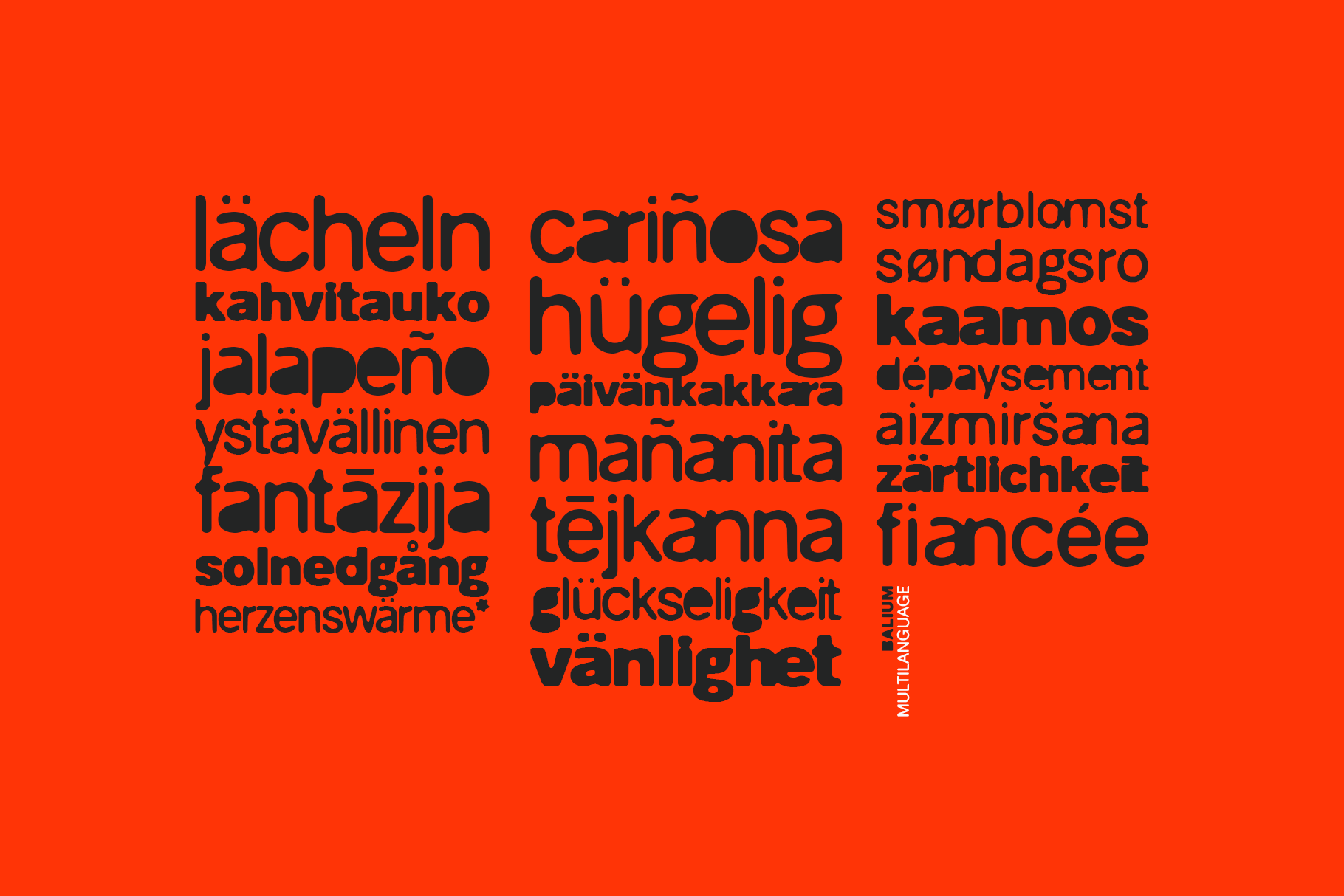 Balium Multilanguage specimen with words in various European languages on bright orange