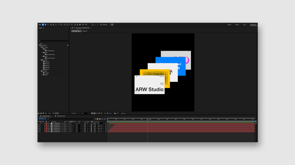 Video editing software interface showing colorful motion design project