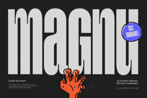 Inktrap Condensed typeface with six variable weights, orange hand gesture, blue badge