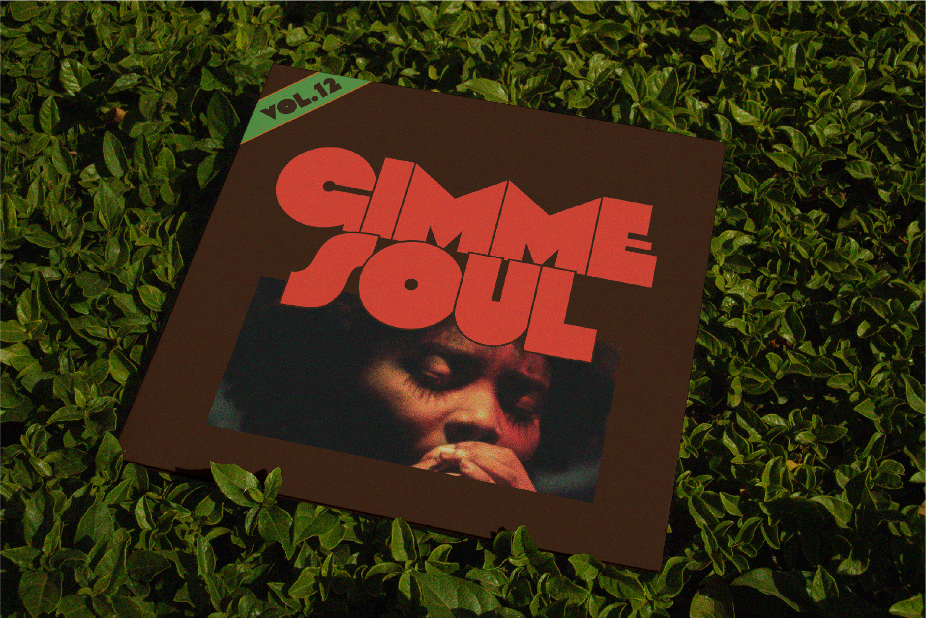 Gimme Soul album cover on moss ground with red text overlay