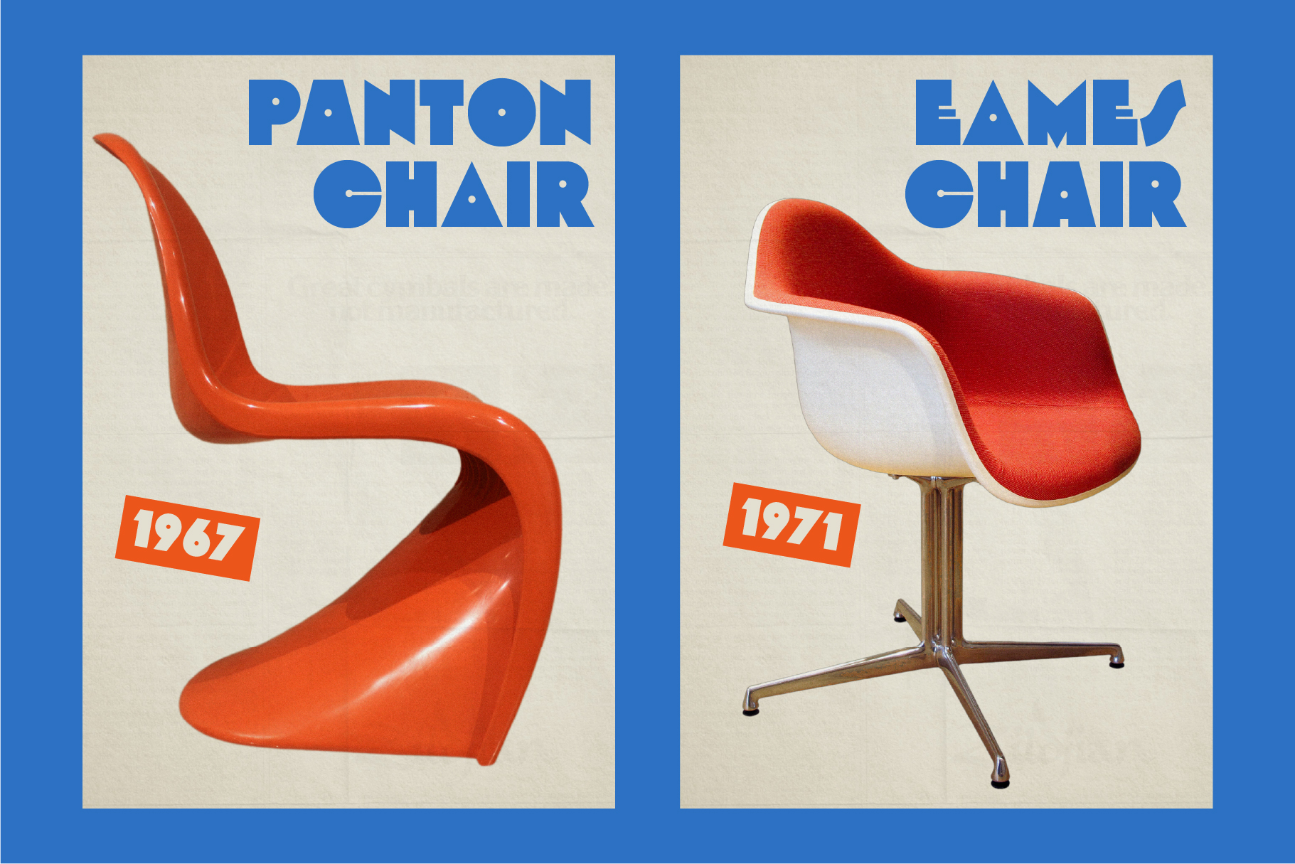 Vintage poster set showing Panton Chair 1967 plus Eames Chair 1971