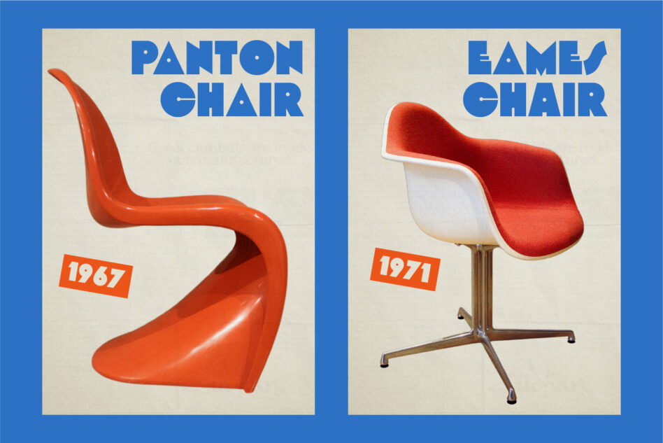 Two mid-century modern chair designs side by side, Panton 1967 left, Eames 1971 right