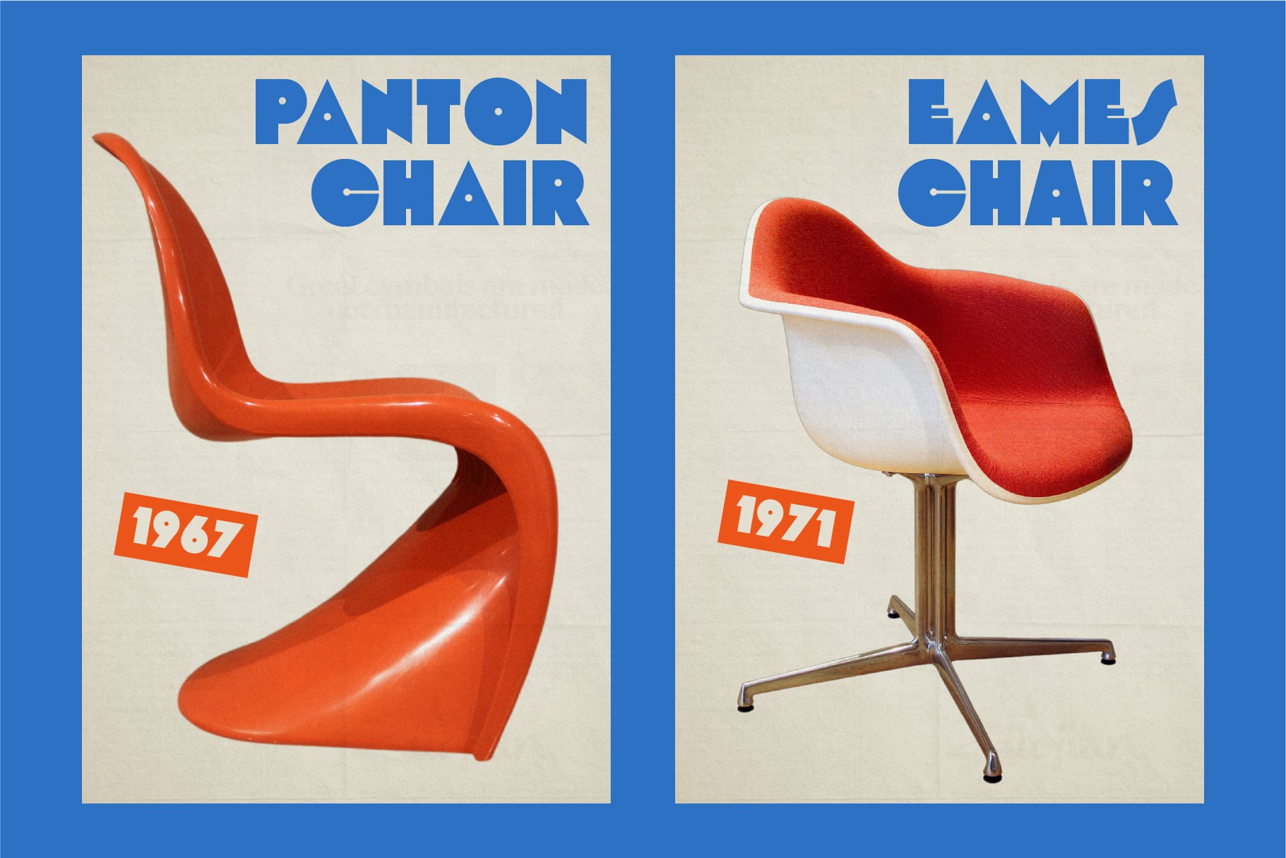 Two mid-century modern chair designs side by side, Panton 1967 left, Eames 1971 right