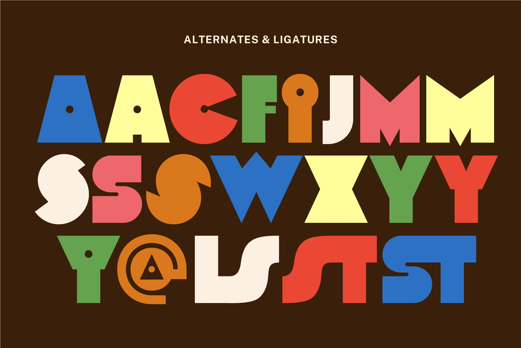 Colorful geometric font showing alternates with ligatures heading