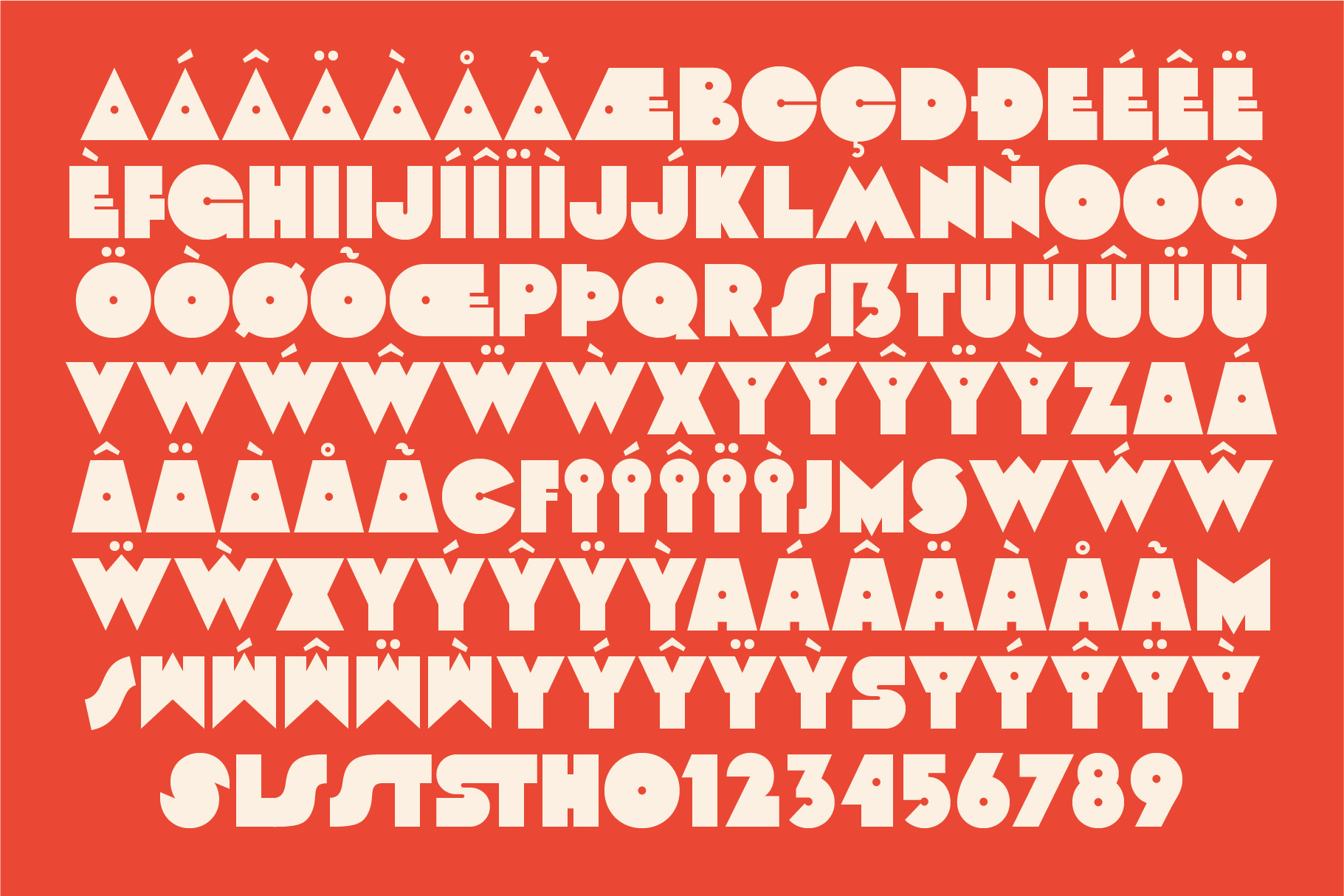 Red typeface with white letters, numbers, accented characters displayed