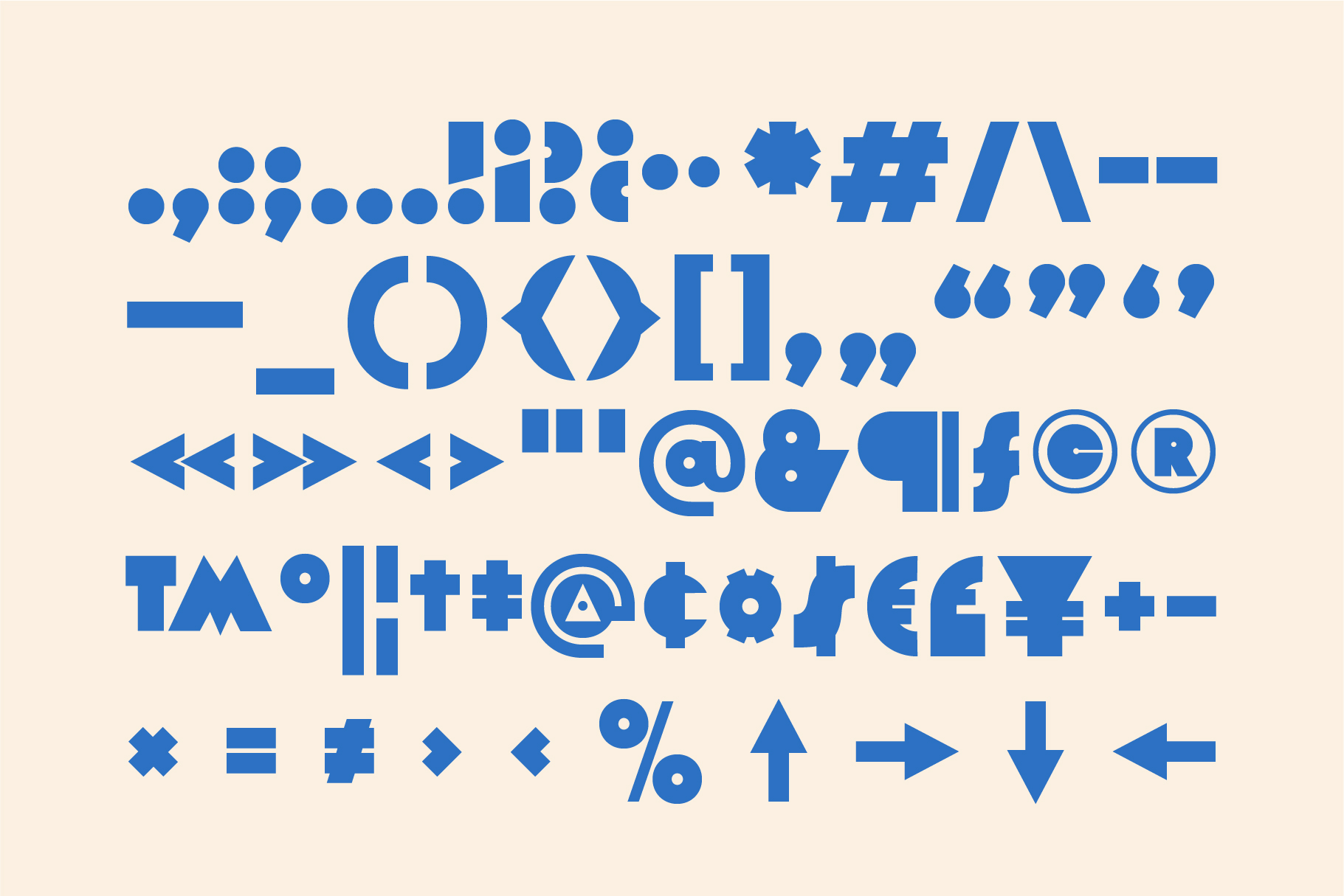 Blue geometric symbol font with arrows, punctuation, math operators