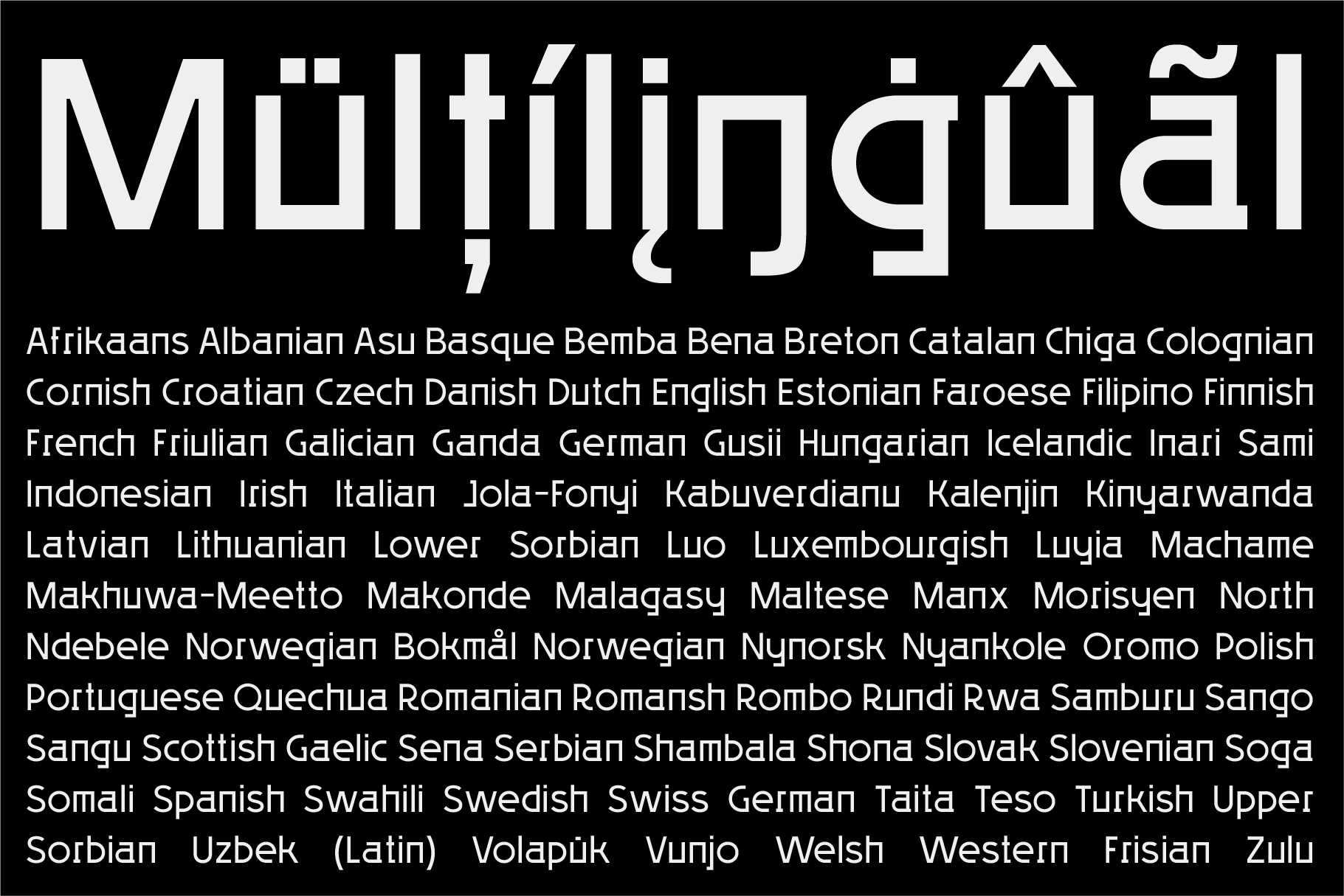 Mirka Multilingual font display showing language support across 60+ languages