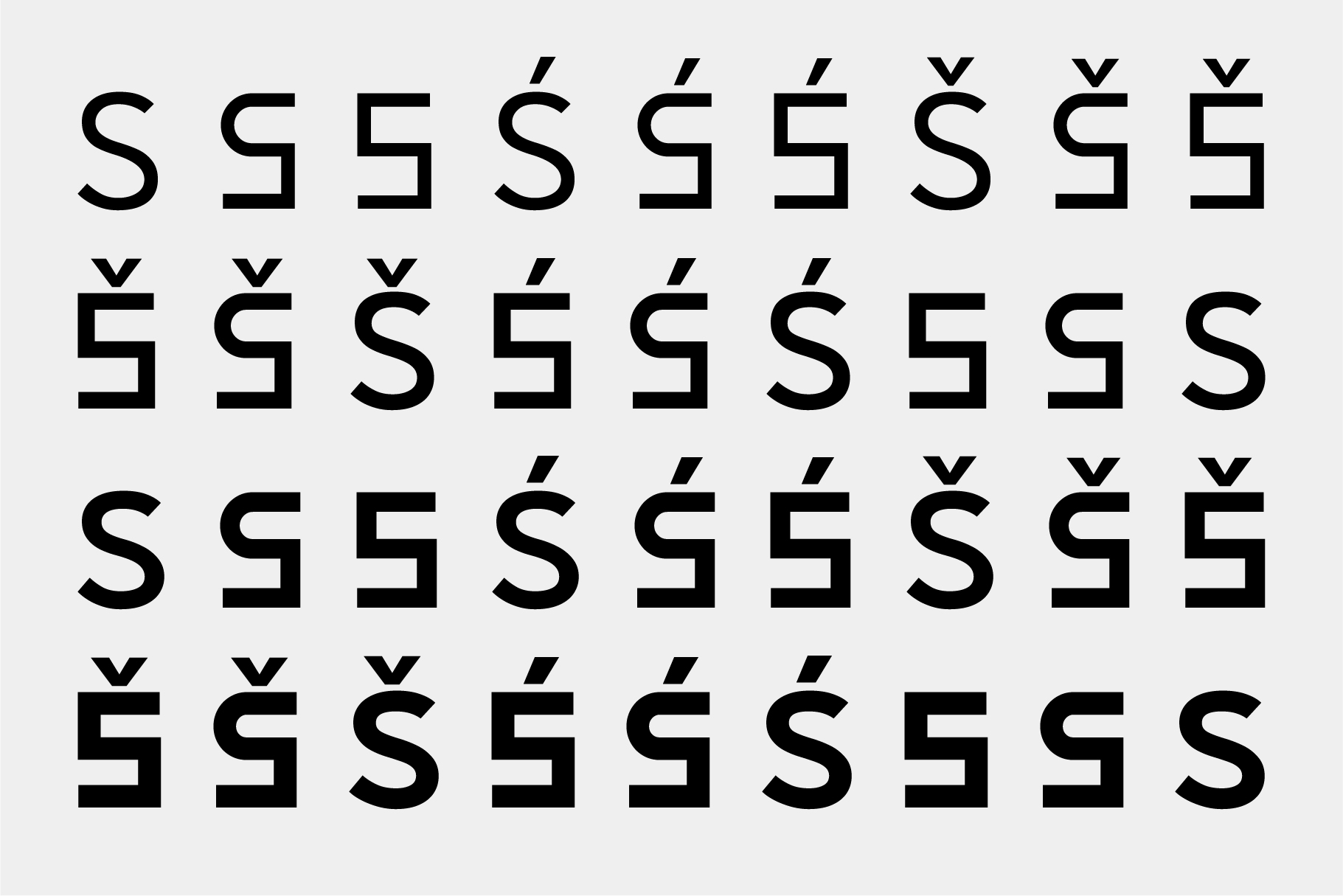 Mirka font character set showing S with diacritical marks, four rows