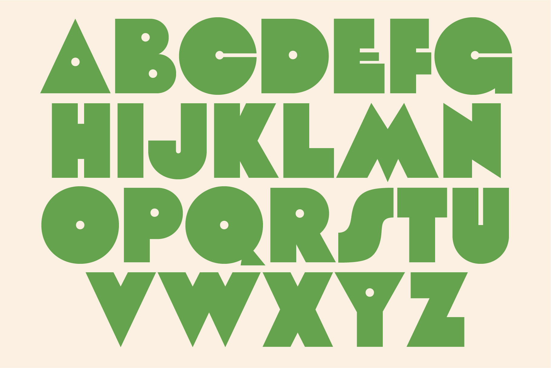 Green geometric sans-serif font with circular cut-outs throughout