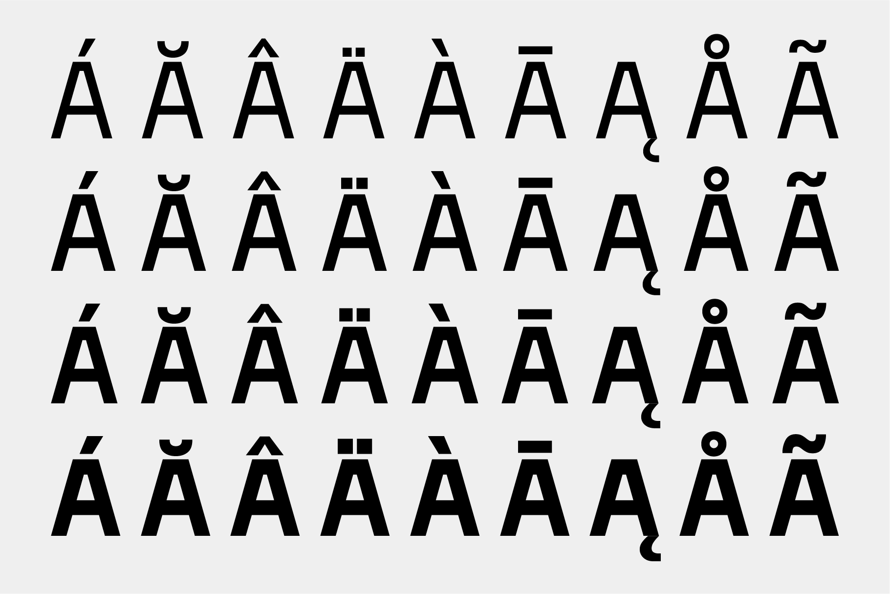 Grid of A characters with various accent marks, diacritics, tilde variations