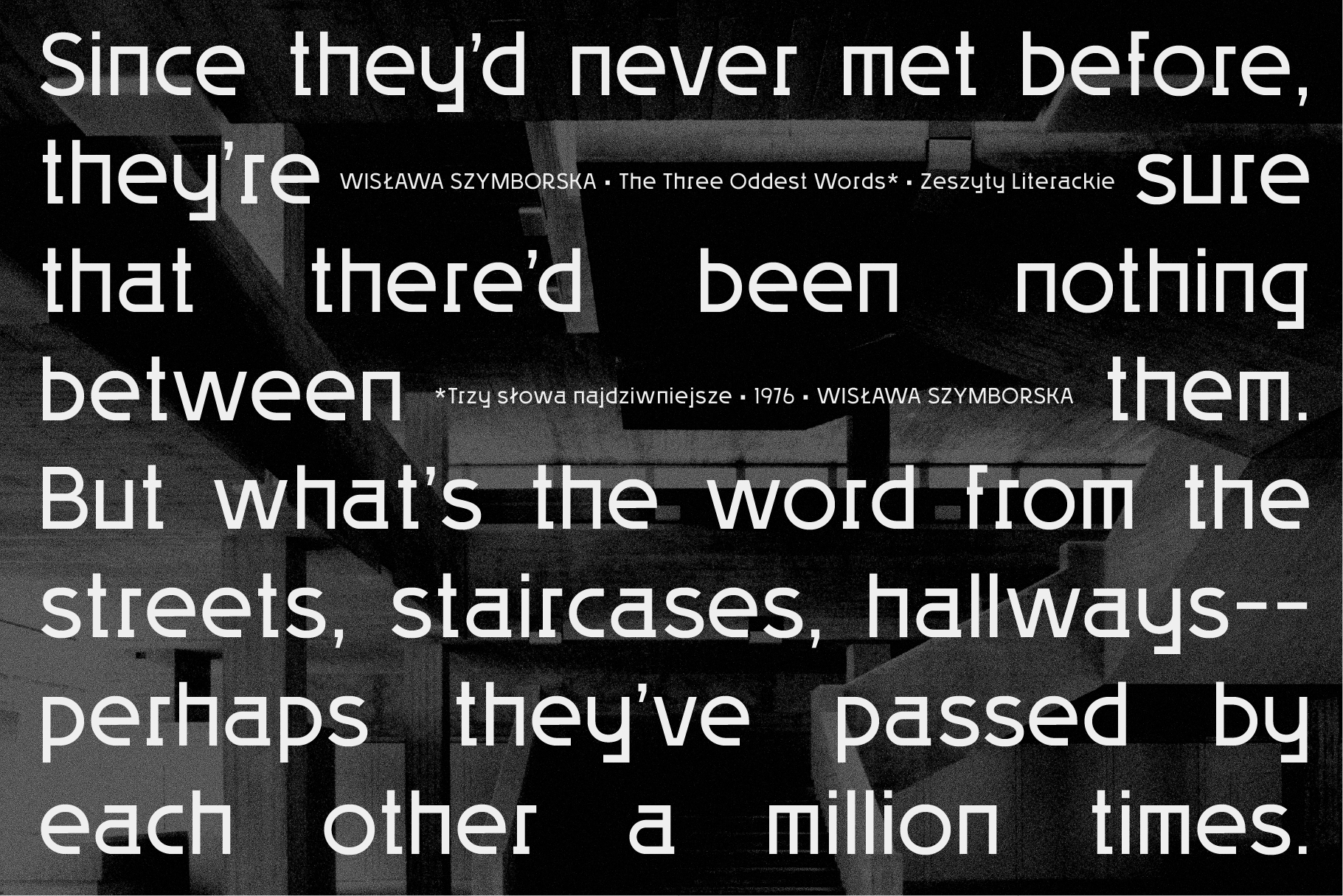 Overlapping text layers on grainy black background with Polish literary quotes