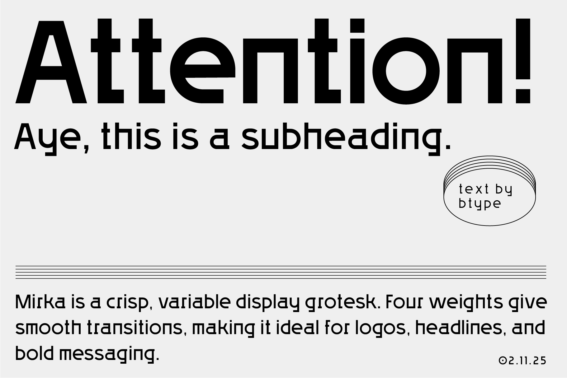 Mirka typeface specimen page showing attention heading, description, weights
