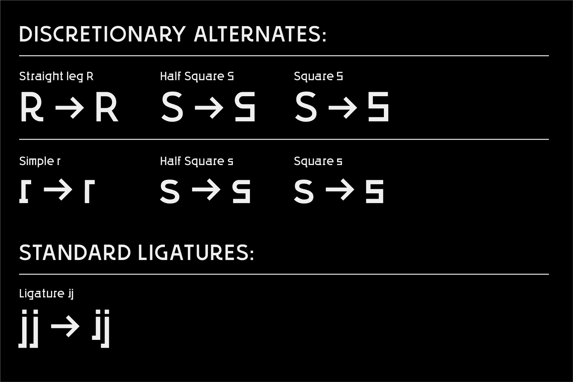 Mirka font discretionary alternates, ligatures, character variants on black
