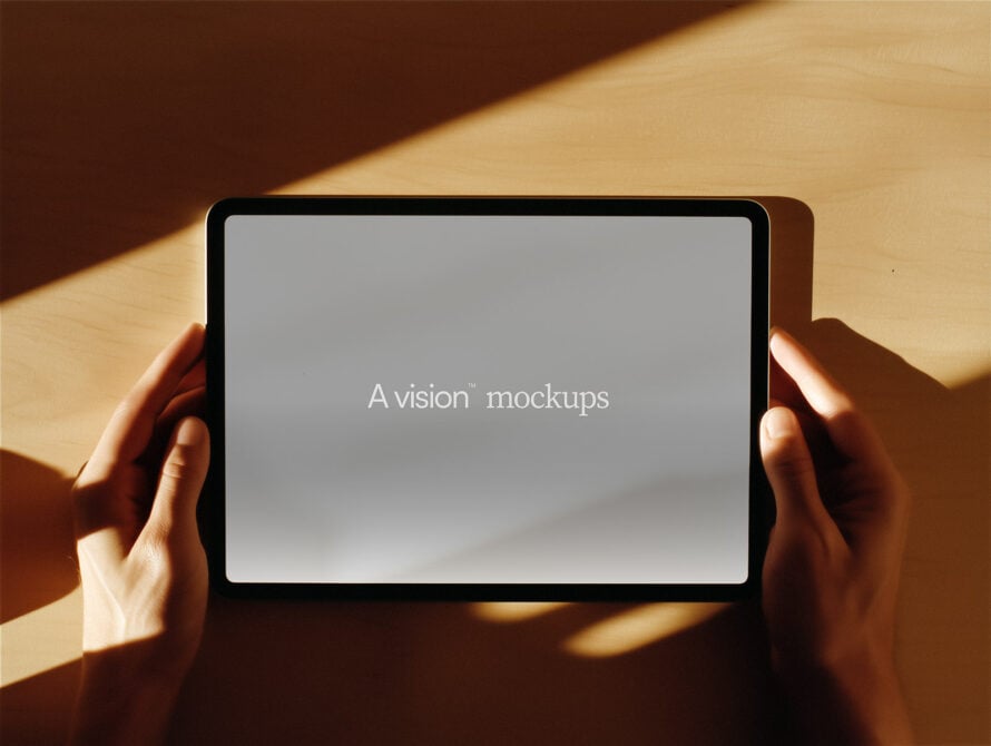 Hands holding tablet with neutral gray screen in sunny interior setting