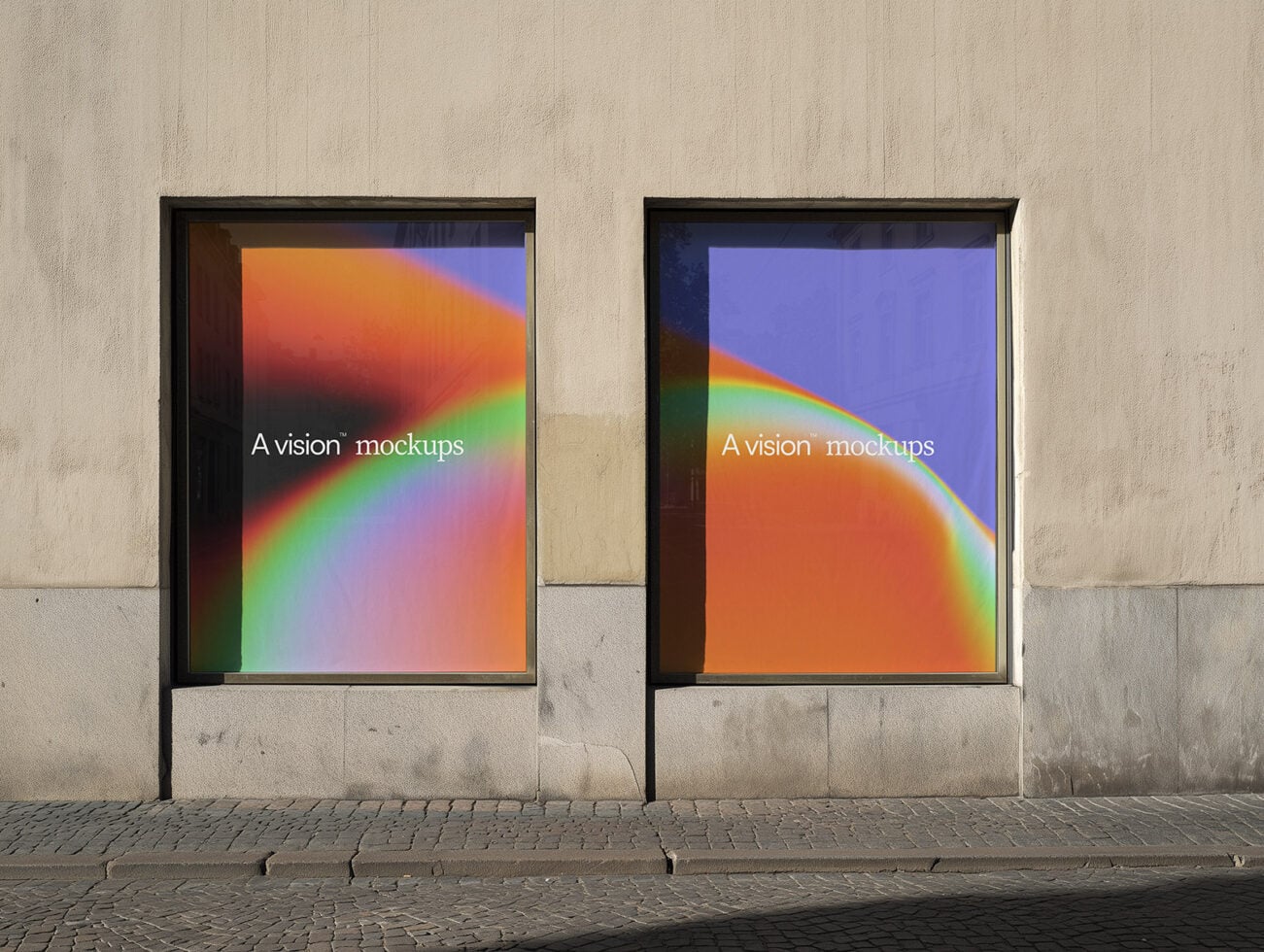 Street-level storefront with two large framed gradient displays in vibrant rainbow tones