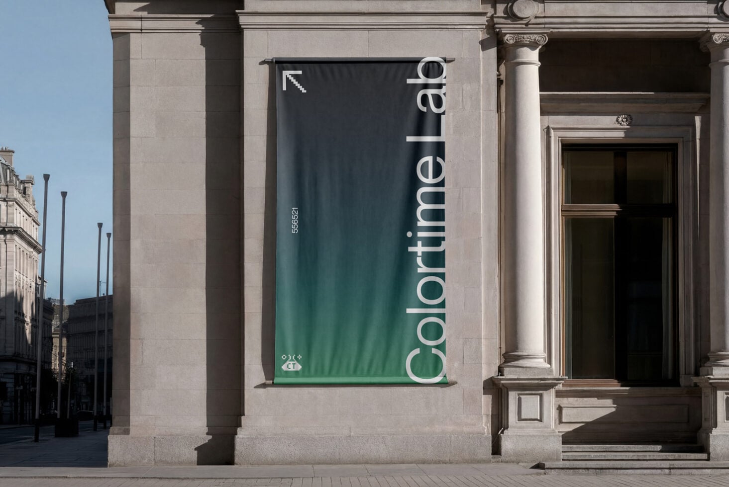 Vertical banner mockup on stone building facade with gradient teal to green