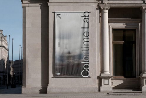 Building banner mockup with light gradient showing urban architecture reflection